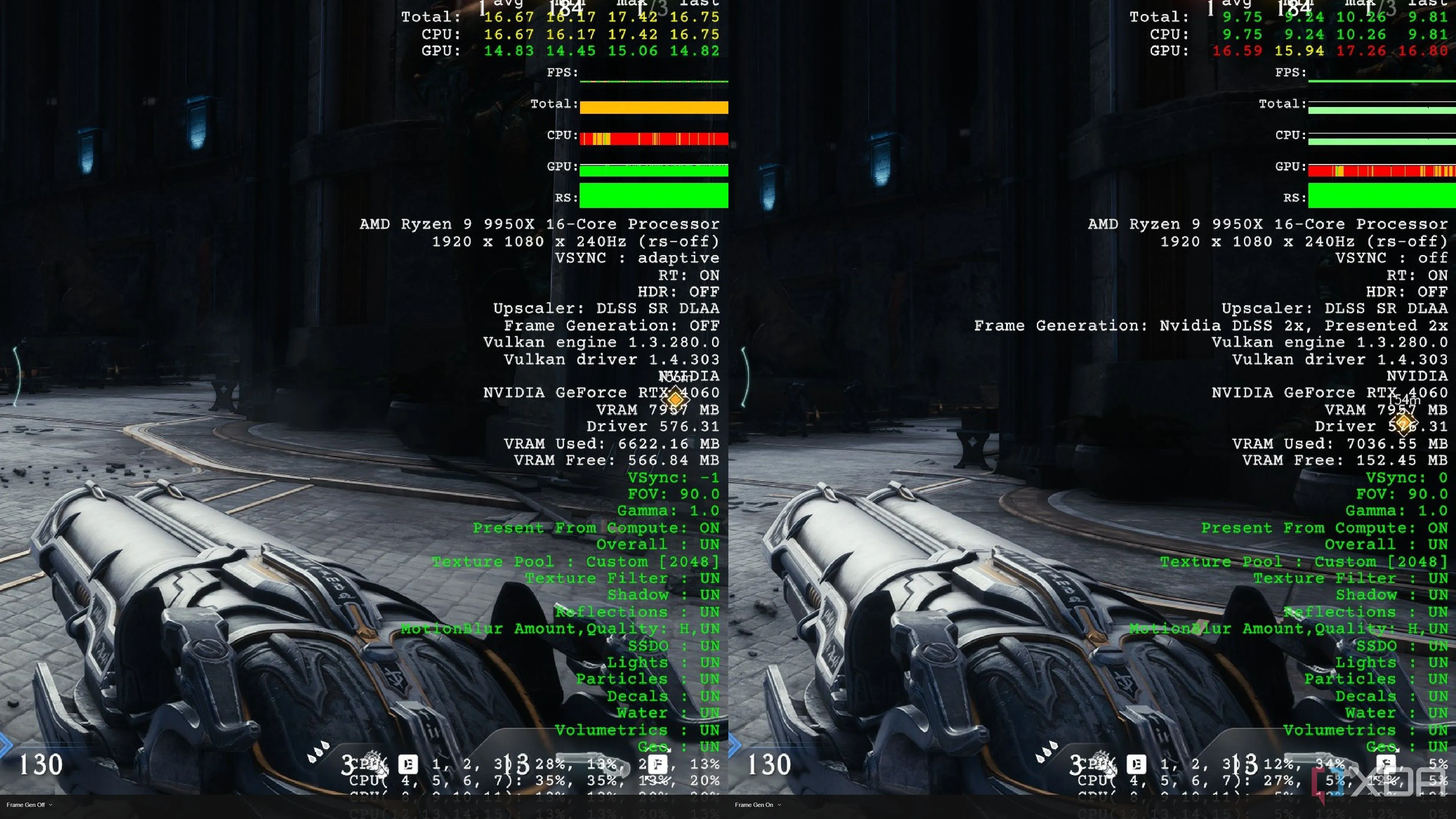 So sánh giao diện hiệu suất của Doom The Dark Ages khi bật và tắt DLSS Frame Generation trên RTX 4060, cho thấy tác động đến mức sử dụng VRAM.
