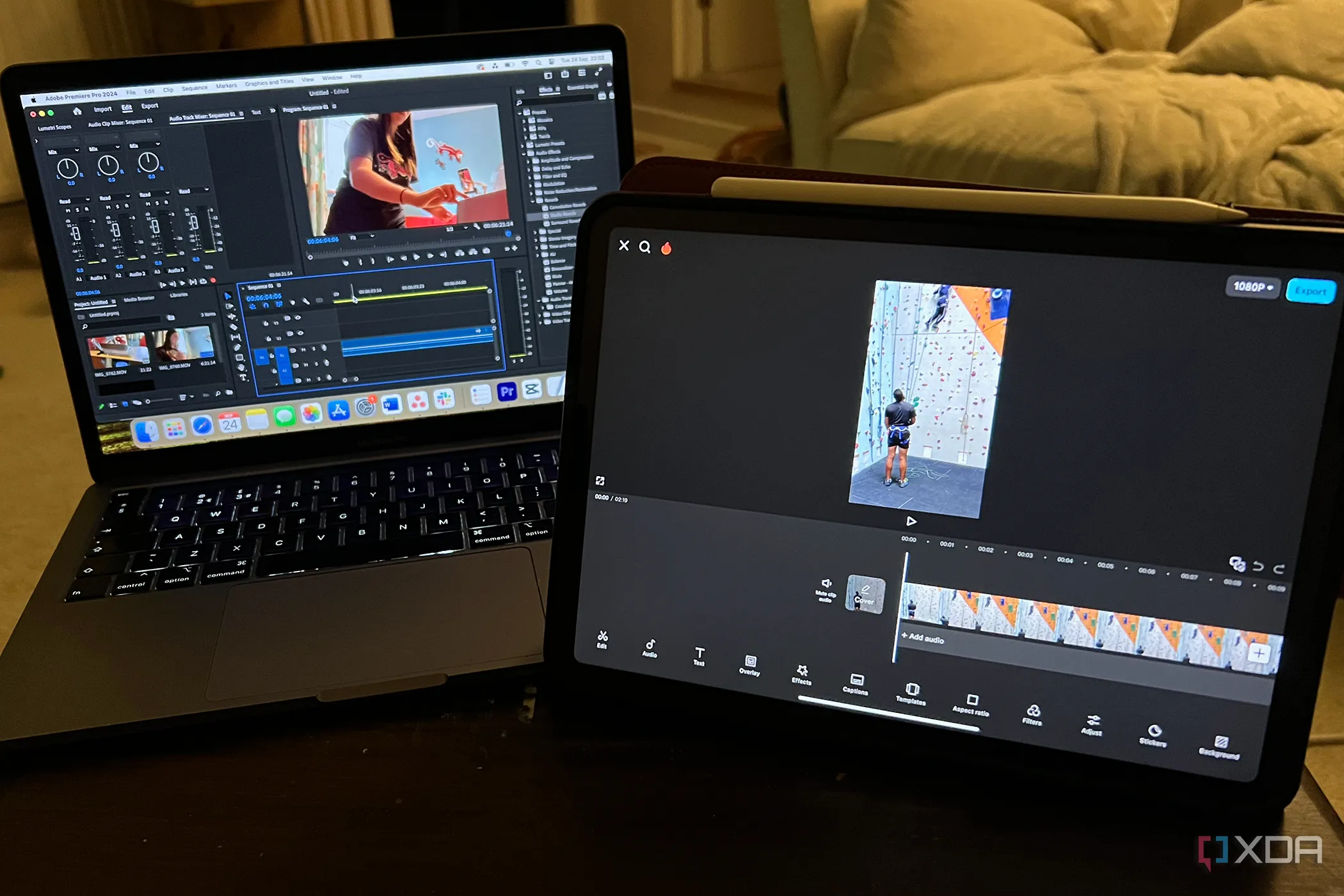 So sánh giao diện Premiere Pro trên MacBook và CapCut trên iPad, minh họa sự tiện lợi của CapCut.