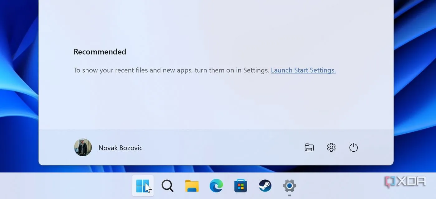 Start menu Windows 11 hiển thị các thư mục lối tắt được thêm vào để truy cập nhanh