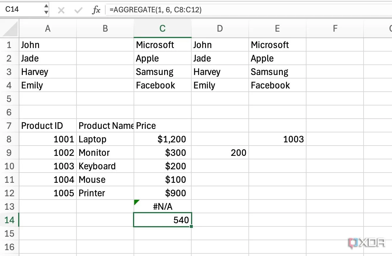 Sử dụng hàm AGGREGATE trong Excel để tính toán bỏ qua lỗi