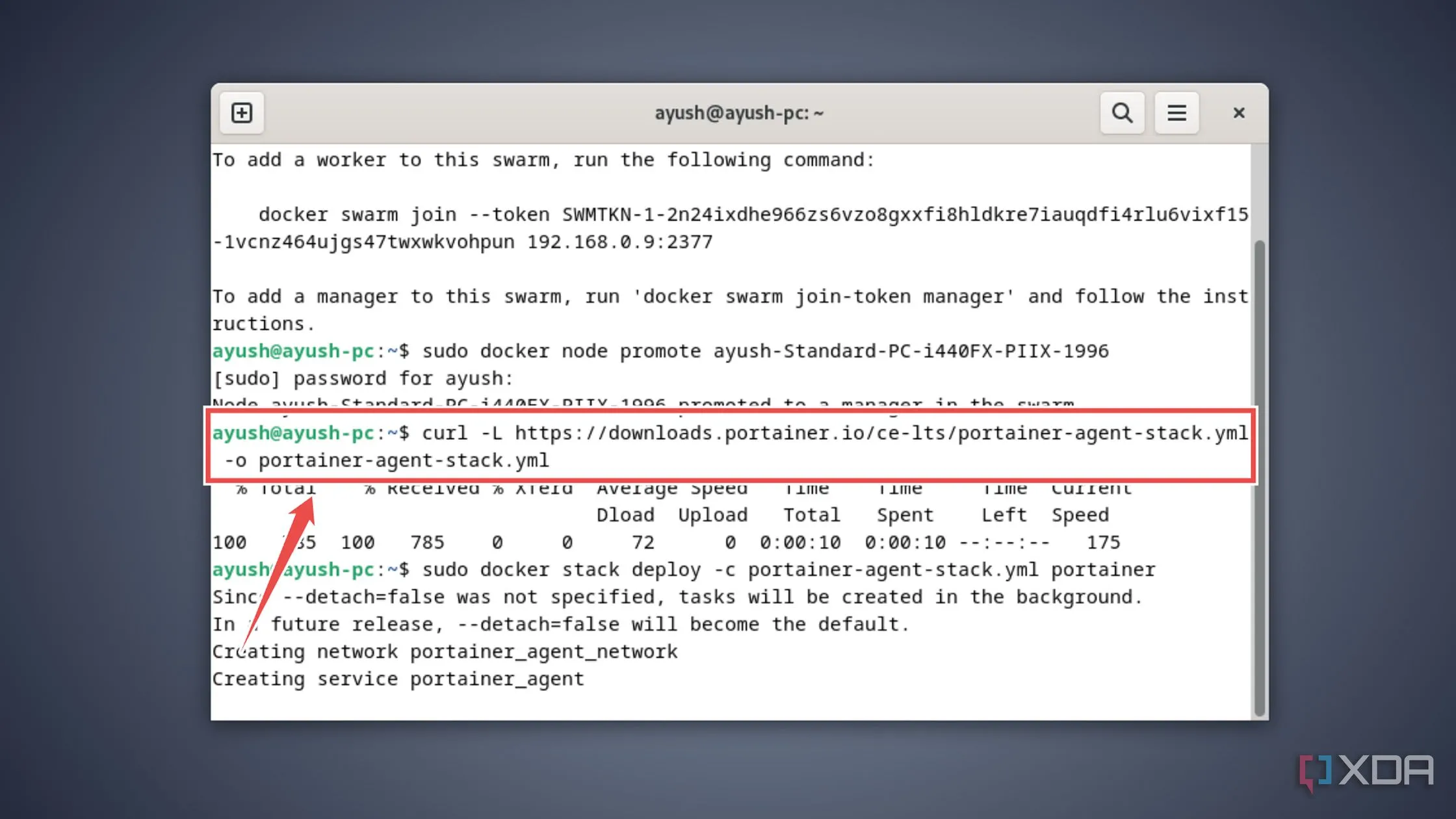 Sử dụng lệnh curl để tải file cấu hình Portainer cho Docker Swarm.