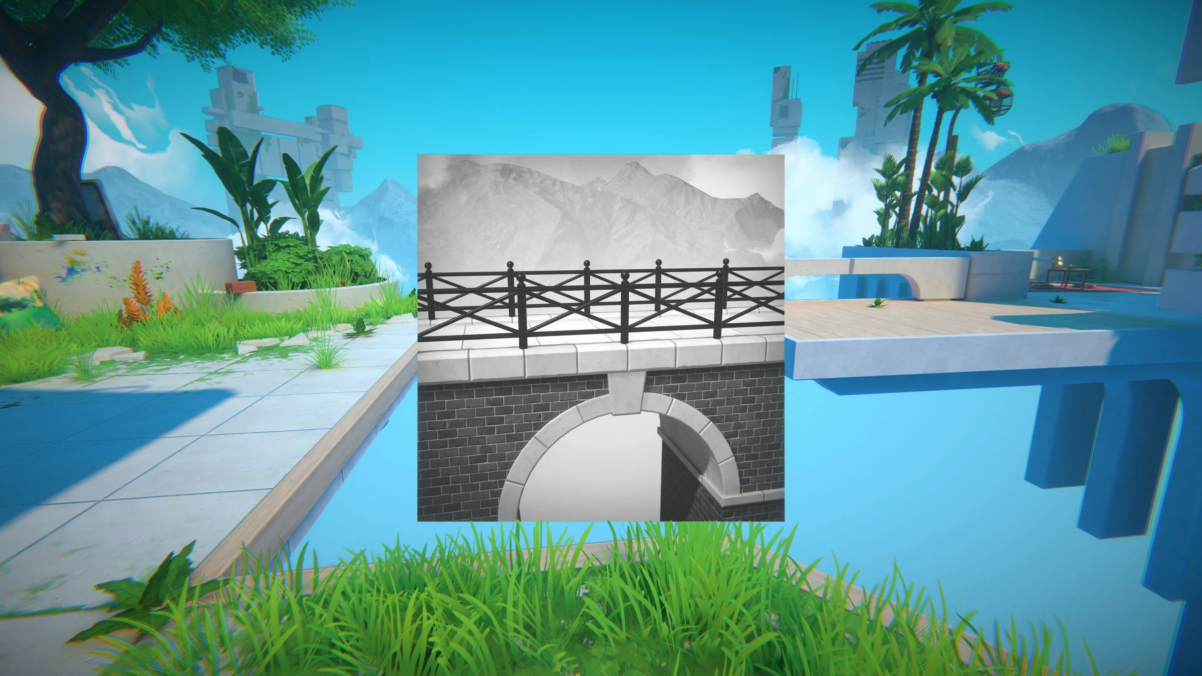 Sử dụng một bức ảnh để tạo cầu nối trong Viewfinder, thể hiện cơ chế bẻ cong thực tại độc đáo của game.