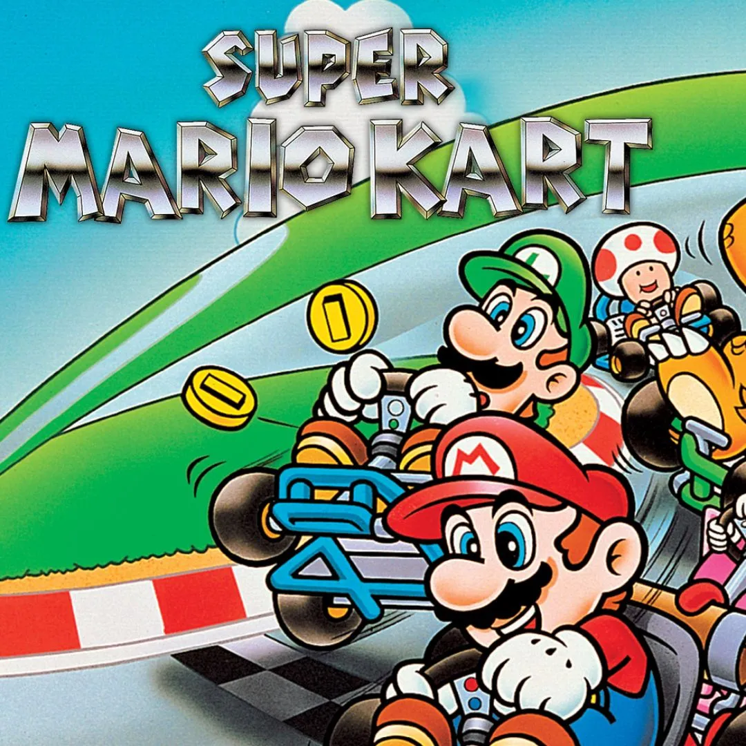 Super Mario Kart SNES: Ảnh chụp màn hình game với Mario và các nhân vật đang đua xe kart trên đường, tượng trưng cho sự ra đời của dòng game đua xe huyền thoại.