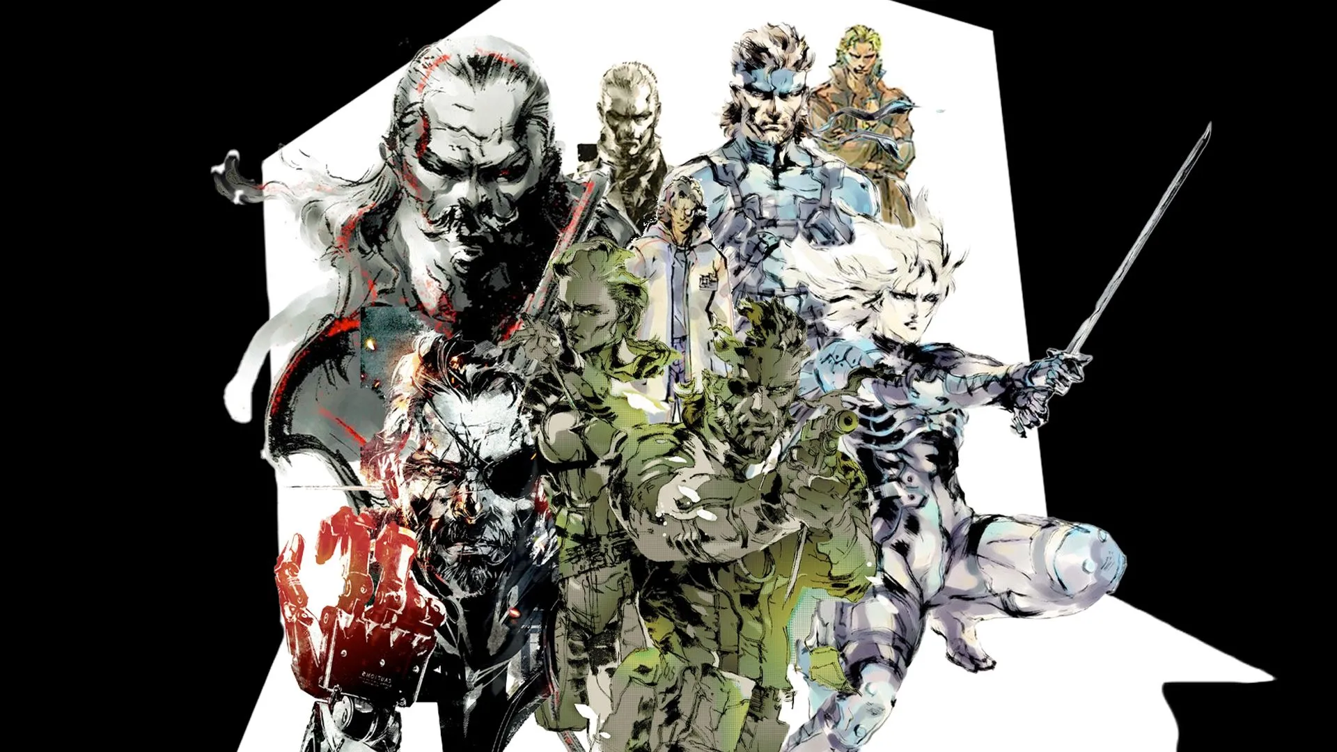 Tác phẩm nghệ thuật Metal Gear Solid của Yoji Shinkawa, với các nhân vật biểu tượng như Big Boss, The Boss, Raiden, Solid Snake, Liquid Snake, Otacon, Revolver Ocelot và Venom Snake, thể hiện sự đa dạng của vũ trụ game.