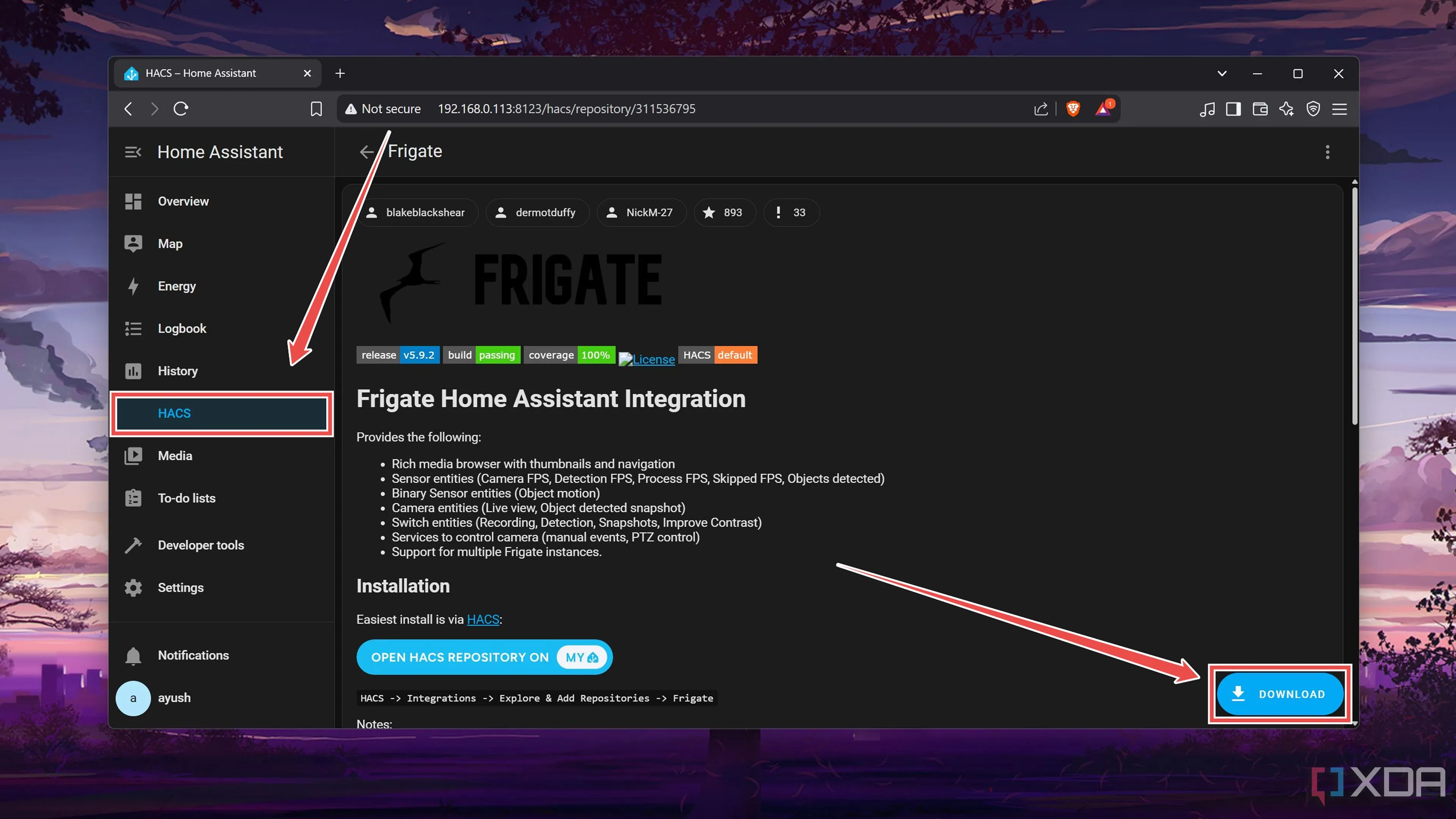 Tải xuống tích hợp Frigate từ HACS trong giao diện Home Assistant