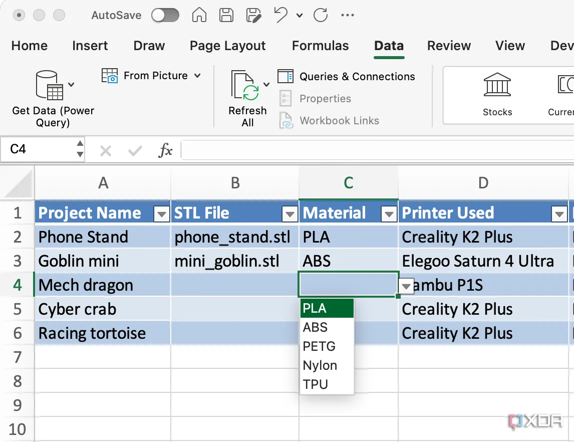 Tạo danh sách thả xuống trong Excel để chọn vật liệu in 3D