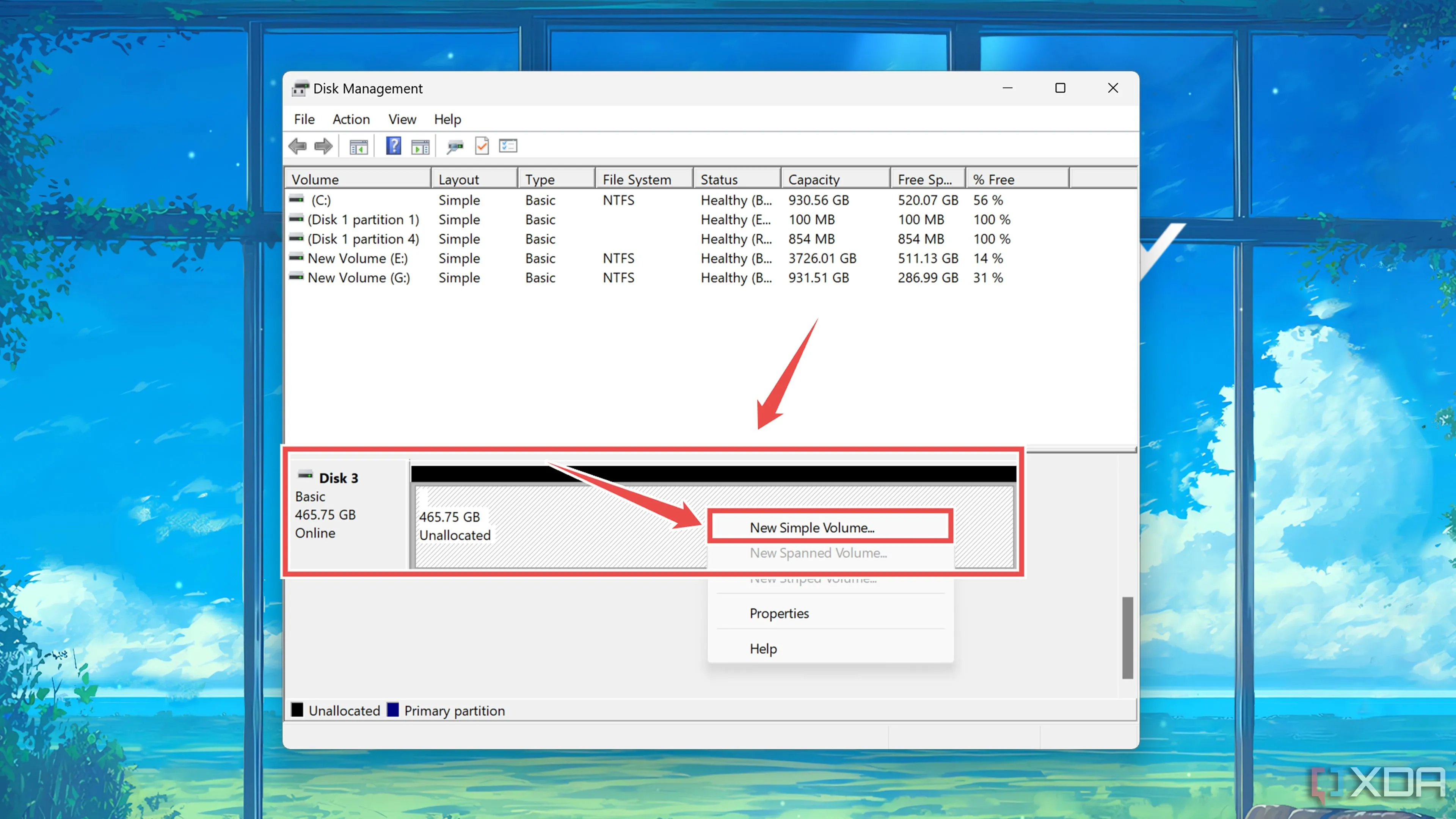 Tạo một phân vùng lưu trữ mới trong tiện ích Disk Management trên Windows