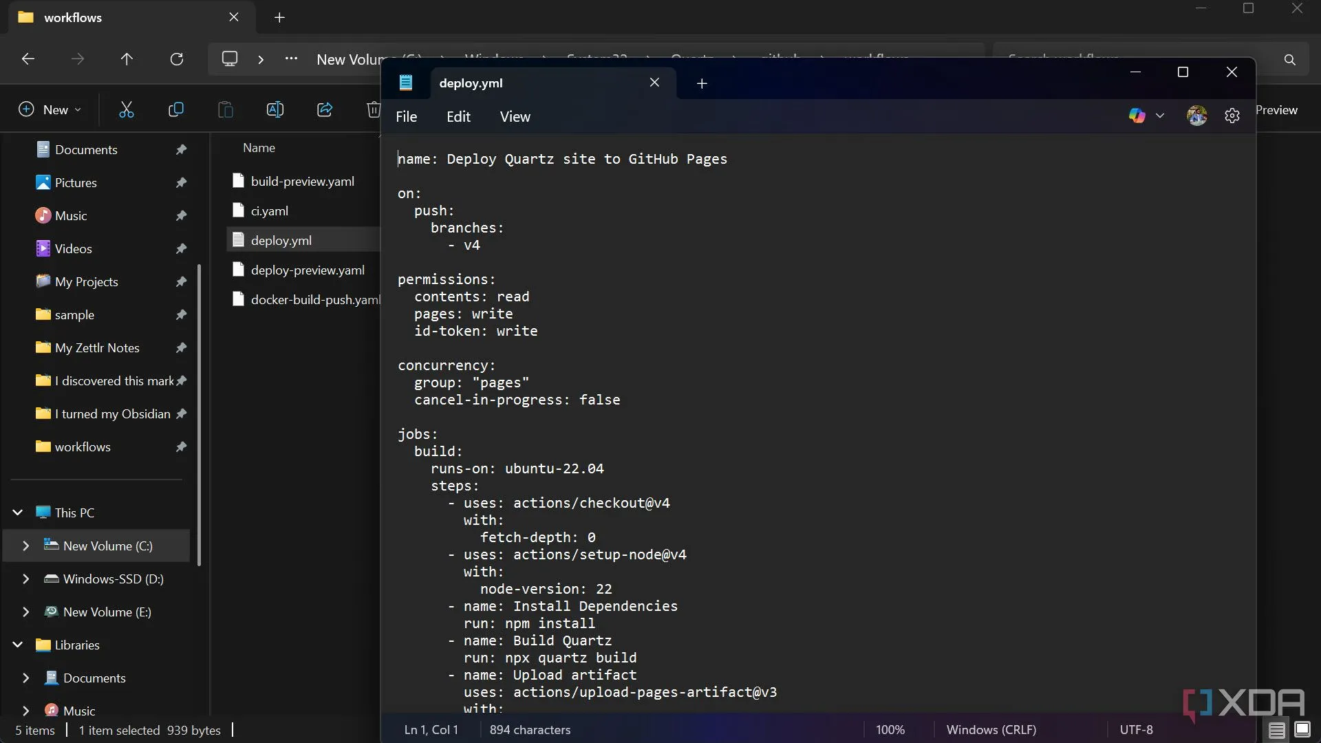Tạo và cấu hình tệp deploy.yml để triển khai Quartz lên GitHub Pages