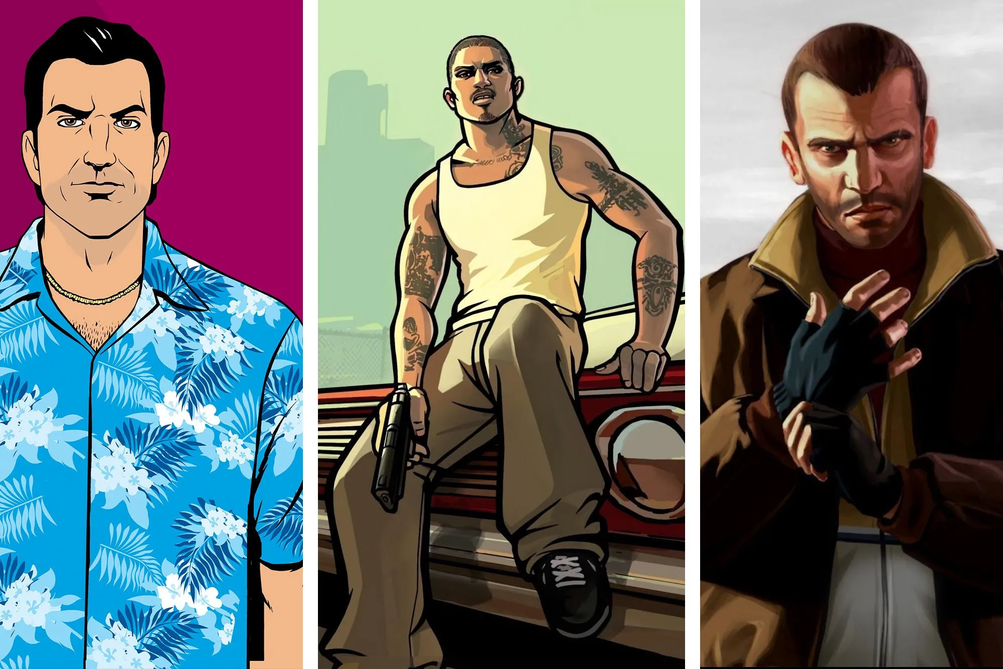 Tập hợp ảnh nghệ thuật chính thức của các nhân vật Tommy Vercetti, Cesar Vialpando và Niko Bellic từ các phiên bản GTA trước, thể hiện di sản cốt truyện của dòng game