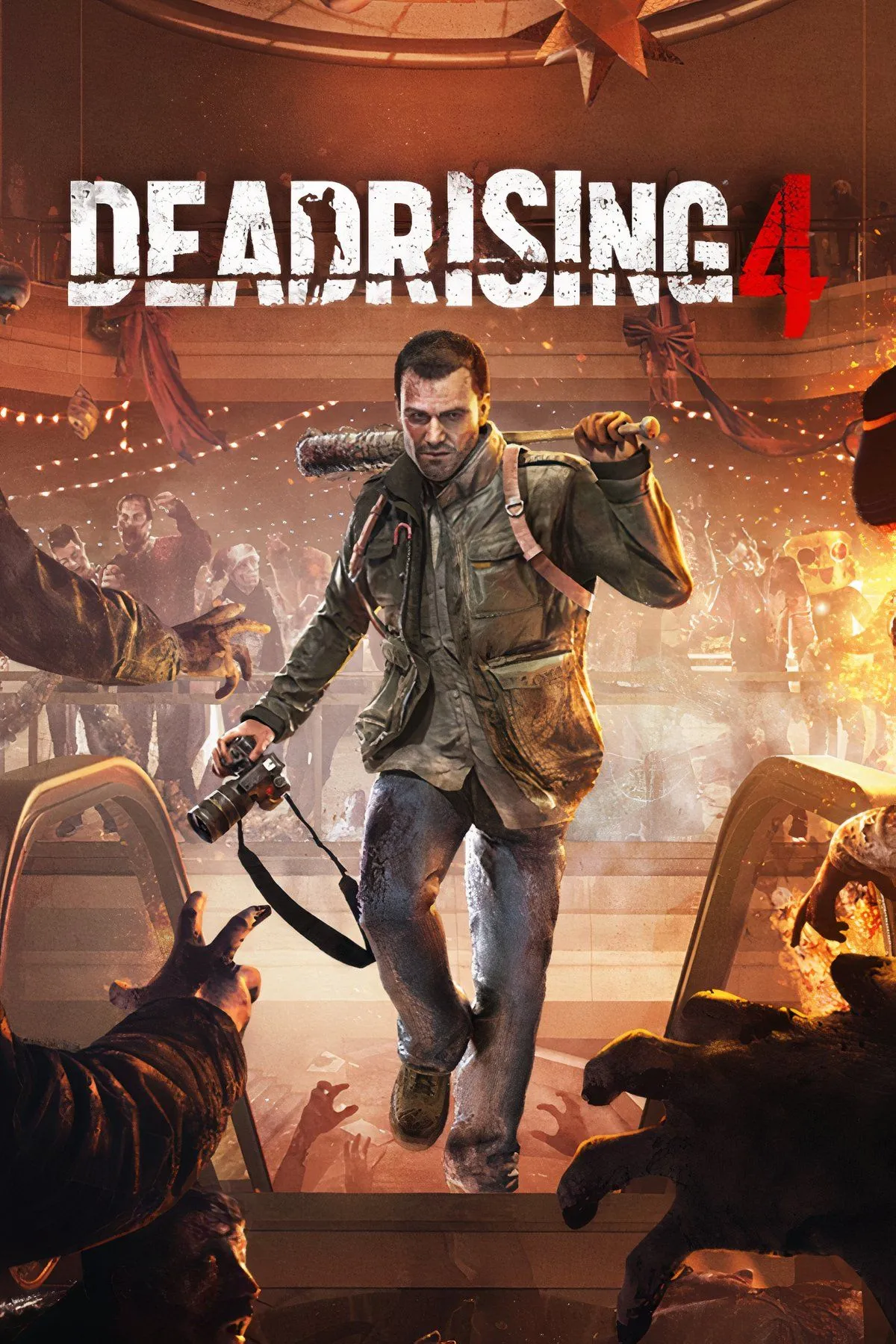Tập hợp các hình ảnh gameplay từ Dead Rising 4, bao gồm Frank West và các vũ khí độc đáo trong bối cảnh Giáng Sinh