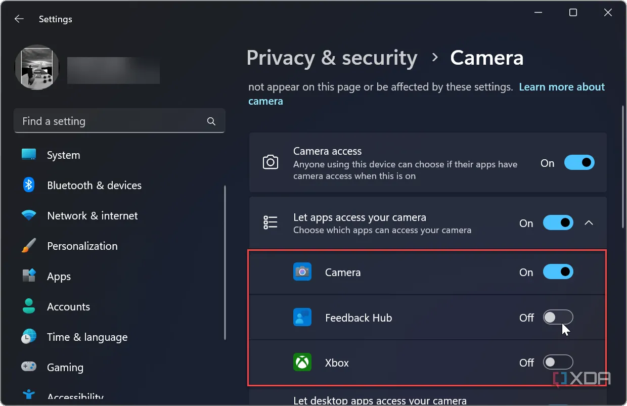 Tắt quyền truy cập webcam của ứng dụng trong cài đặt quyền riêng tư của Windows 11