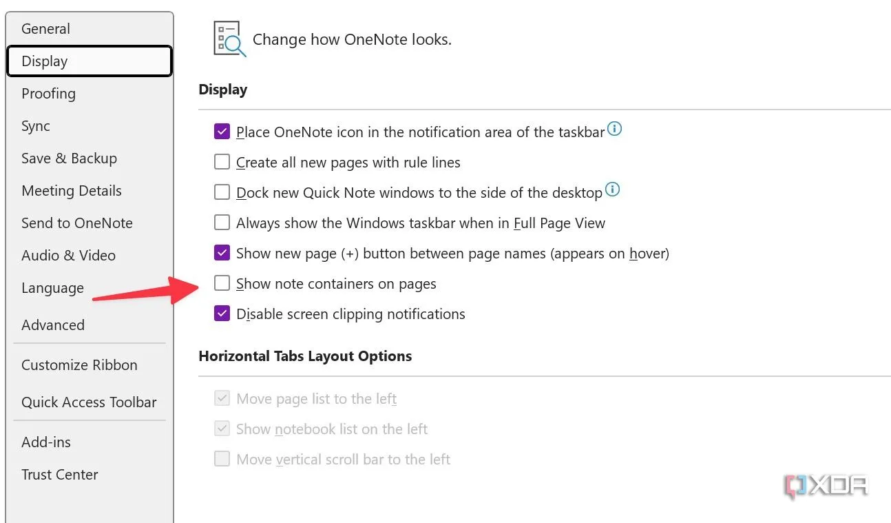 Tắt tính năng hiển thị vùng chứa ghi chú (note containers) trong cài đặt hiển thị của OneNote