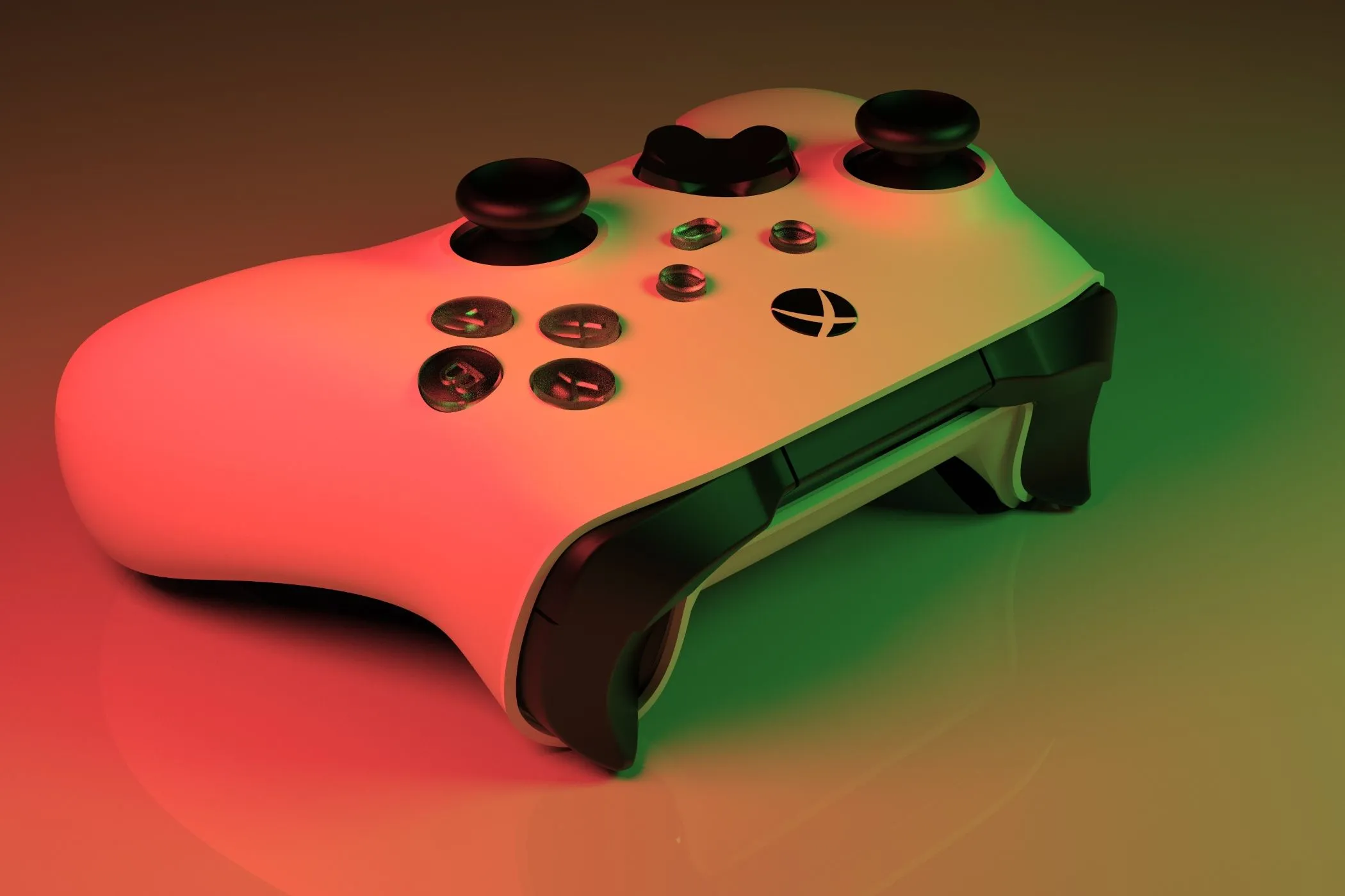 Tay cầm Xbox Series X màu trắng dưới ánh đèn LED đỏ và xanh lá