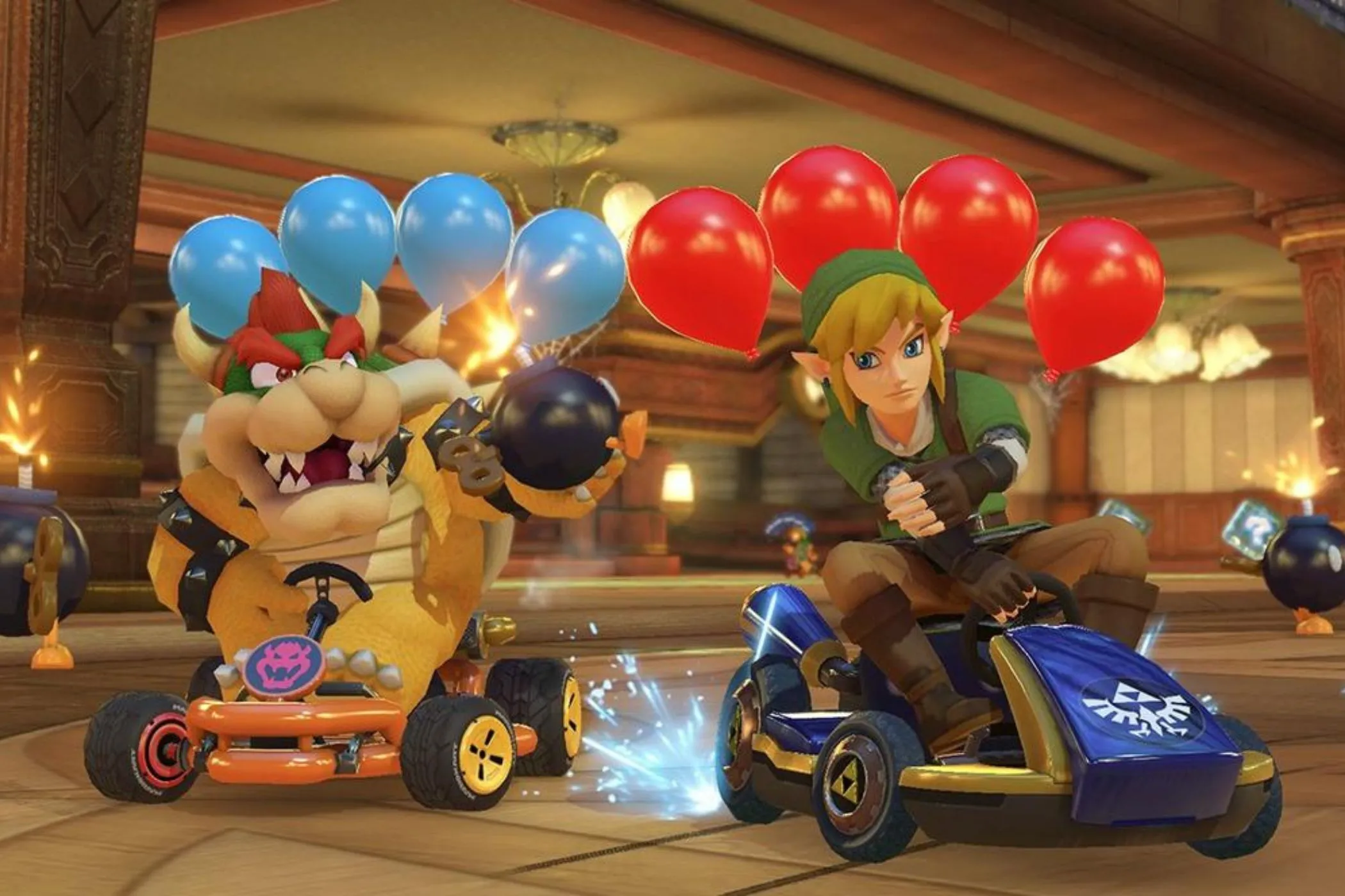 Tay đua Link và Bowser đang cạnh tranh khốc liệt trong Mario Kart 8 Deluxe.