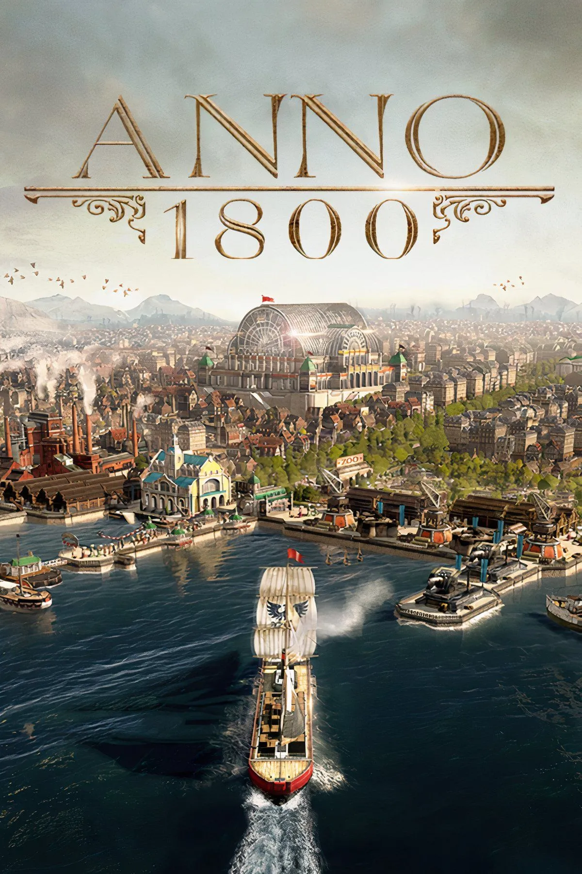Thành phố công nghiệp trong game Anno 1800 với nhiều nhà máy và công trình kiến trúc thời Victoria