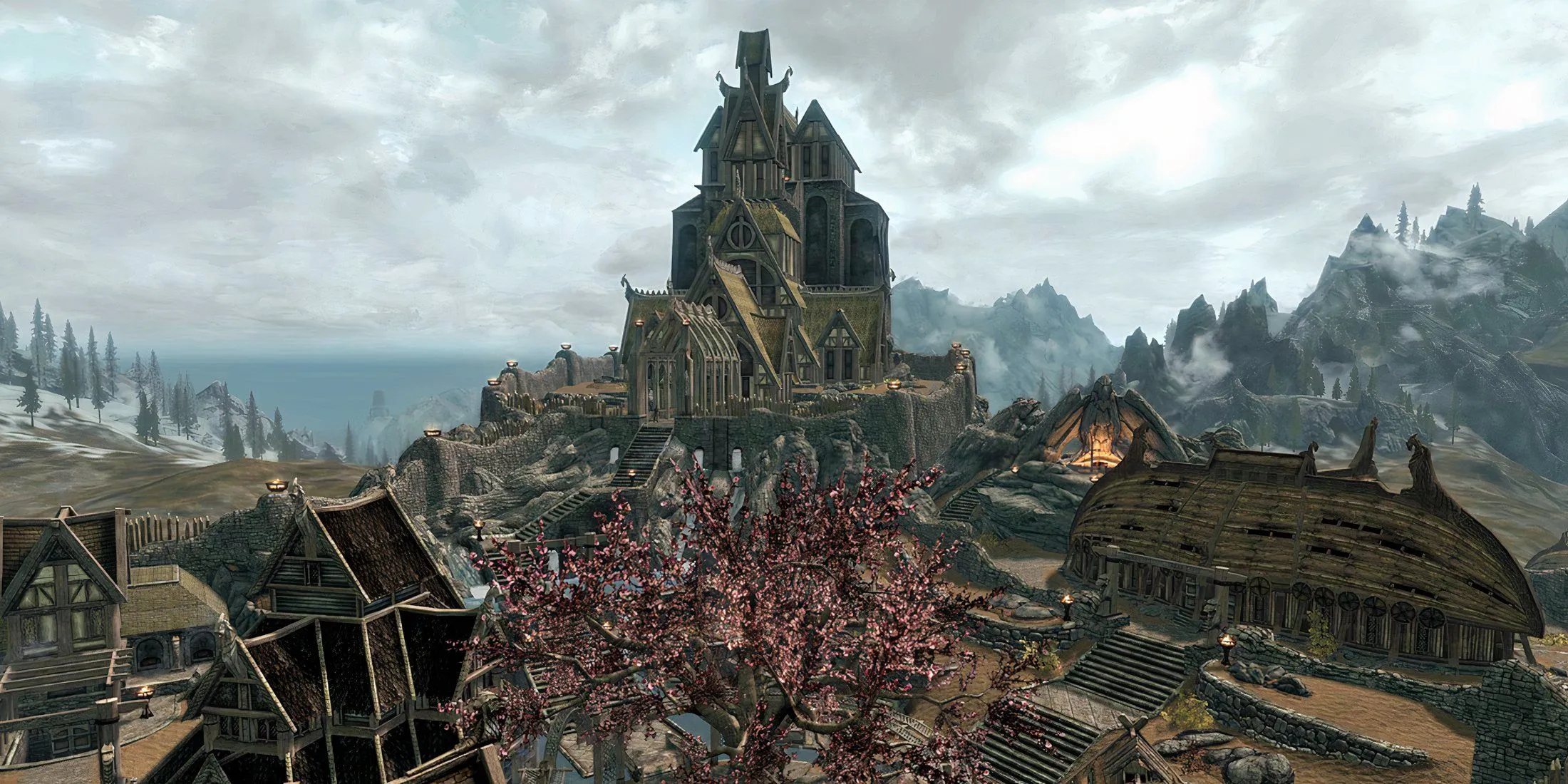 Thành phố Whiterun yên bình dưới bầu trời xanh trong Skyrim