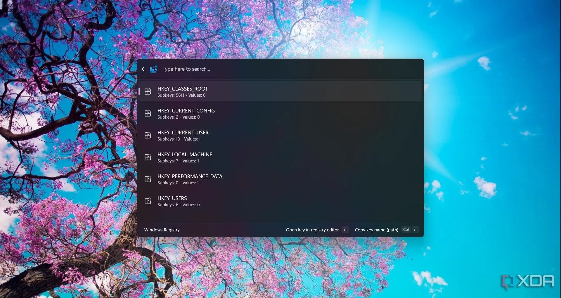 Thanh tìm kiếm Command Palette hiển thị lệnh Registry trong PowerToys