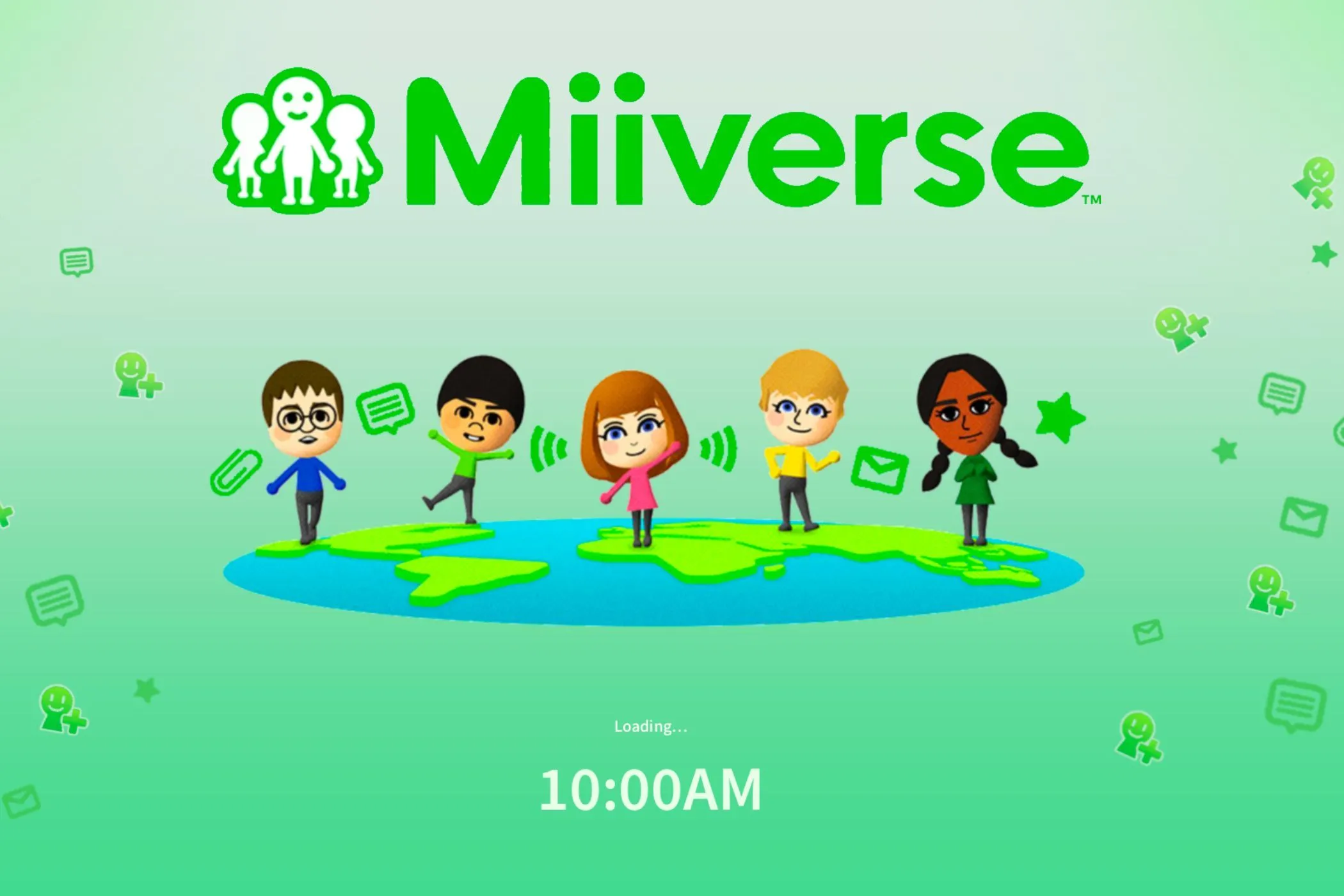 Thẻ quảng cáo ý tưởng Miiverse trên Nintendo Switch 2, thể hiện khả năng giao tiếp xã hội của các nhân vật Mii