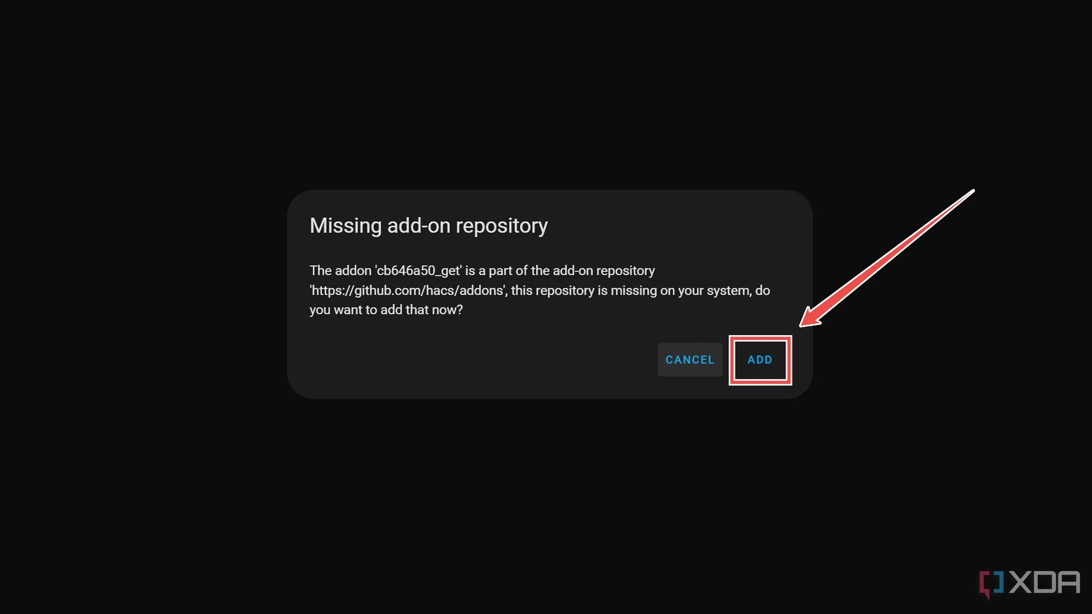 Thêm kho lưu trữ Get HACS vào Home Assistant sau khi nhận thông báo Missing add-on repository