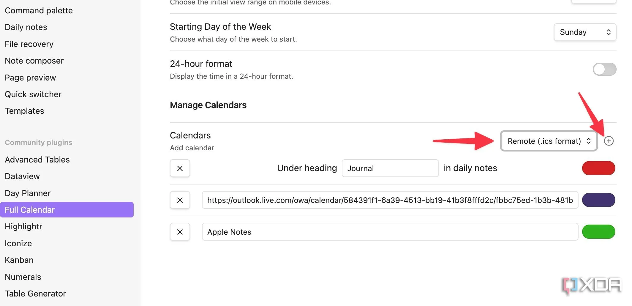 Thêm lịch định dạng ICS mới vào cài đặt Full Calendar Obsidian