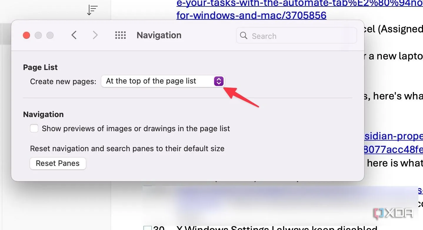 Thiết lập OneNote trên Mac để tạo trang mới ở đầu danh sách trong cài đặt điều hướng