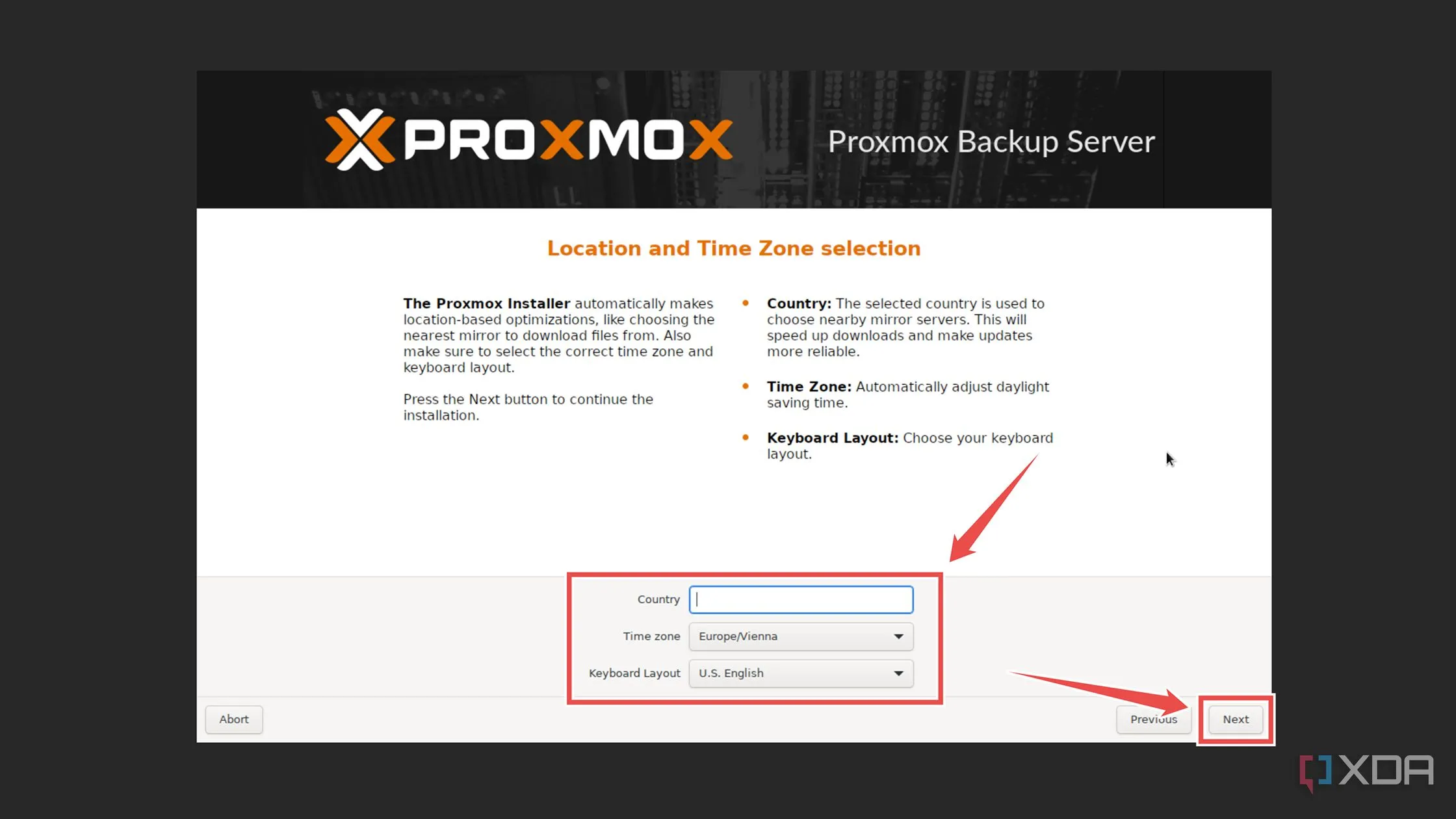 Thiết lập quốc gia, múi giờ và bố cục bàn phím trong quá trình cài đặt Proxmox Backup Server