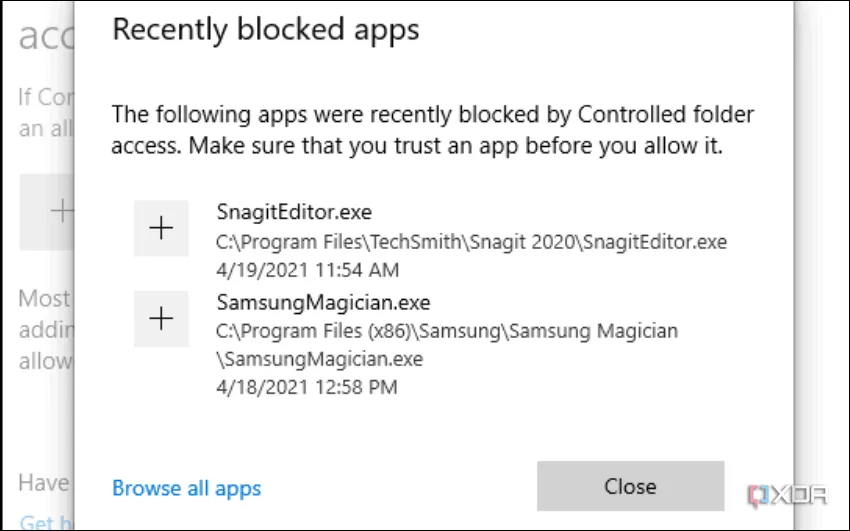 Thông báo về các ứng dụng được cho phép truy cập qua Controlled Folder Access trên Windows 11