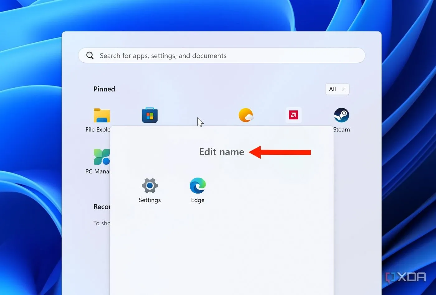 Thư mục trong Start menu với hai ứng dụng đã được thêm vào và đổi tên