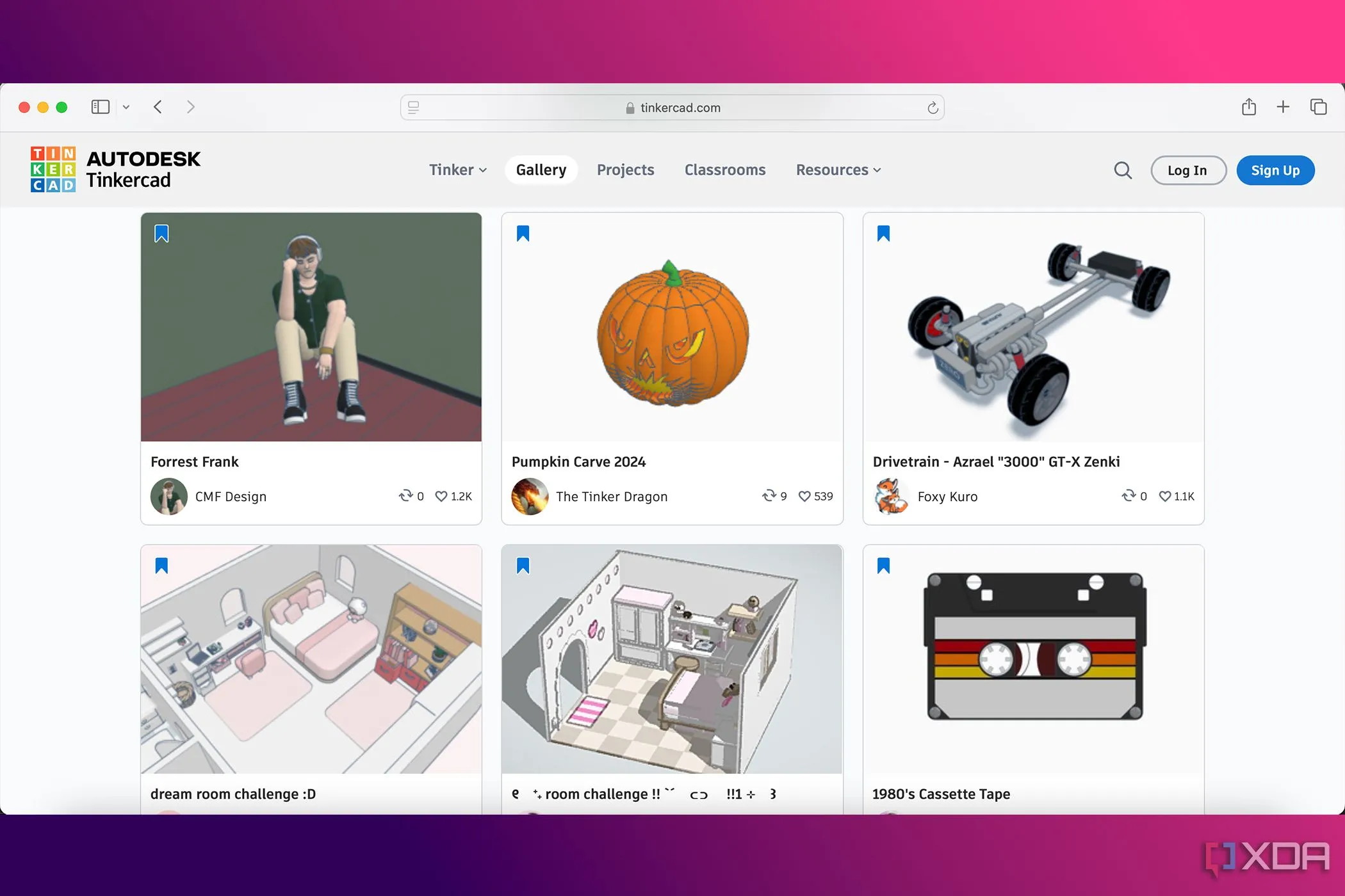 Thư viện dự án 3D trong Autodesk TinkerCAD, thể hiện sự đơn giản và dễ sử dụng của phần mềm thiết kế cho người mới
