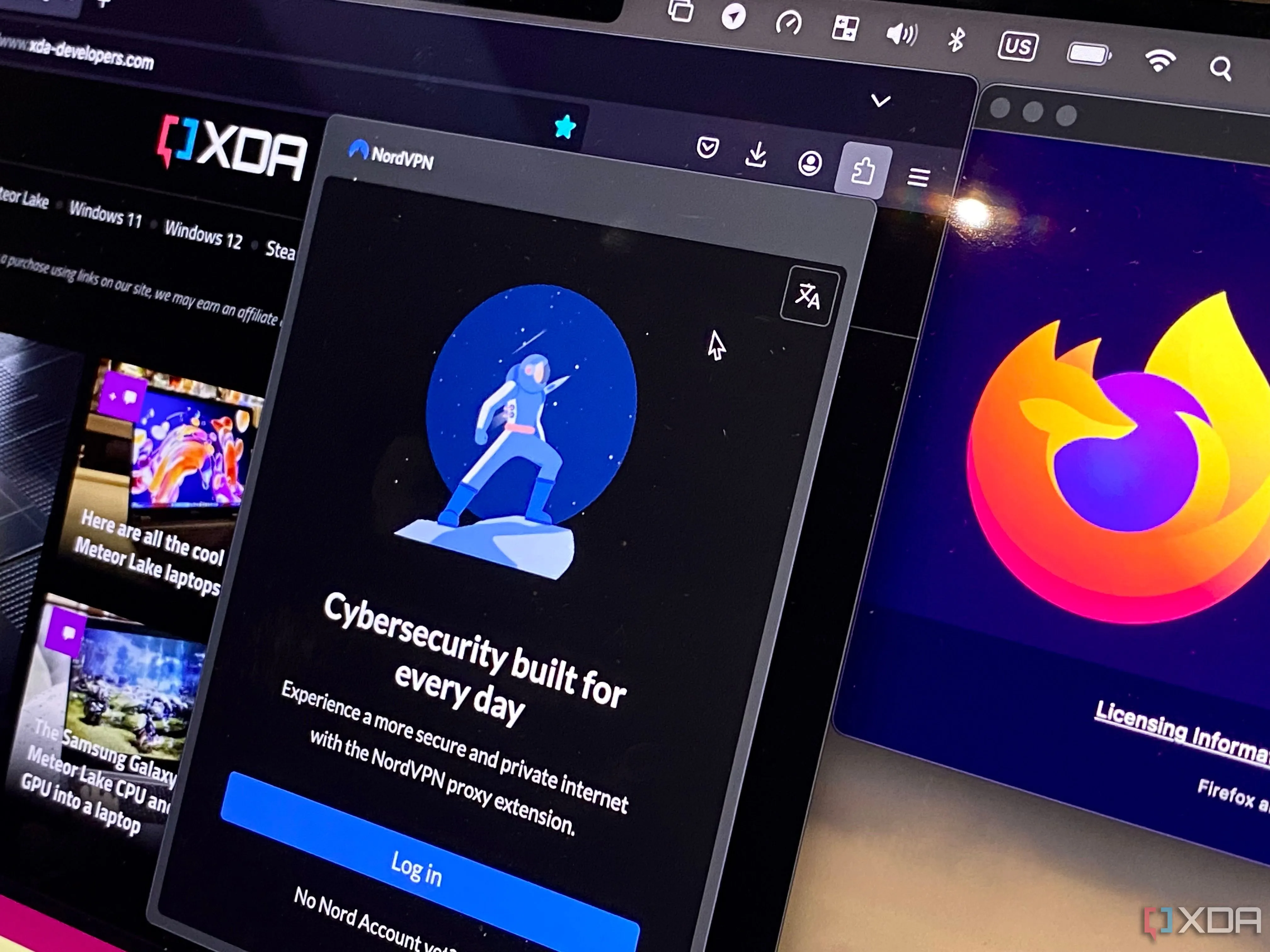 Tiện ích mở rộng NordVPN trên Firefox hiển thị màn hình đăng nhập chính trên máy Mac