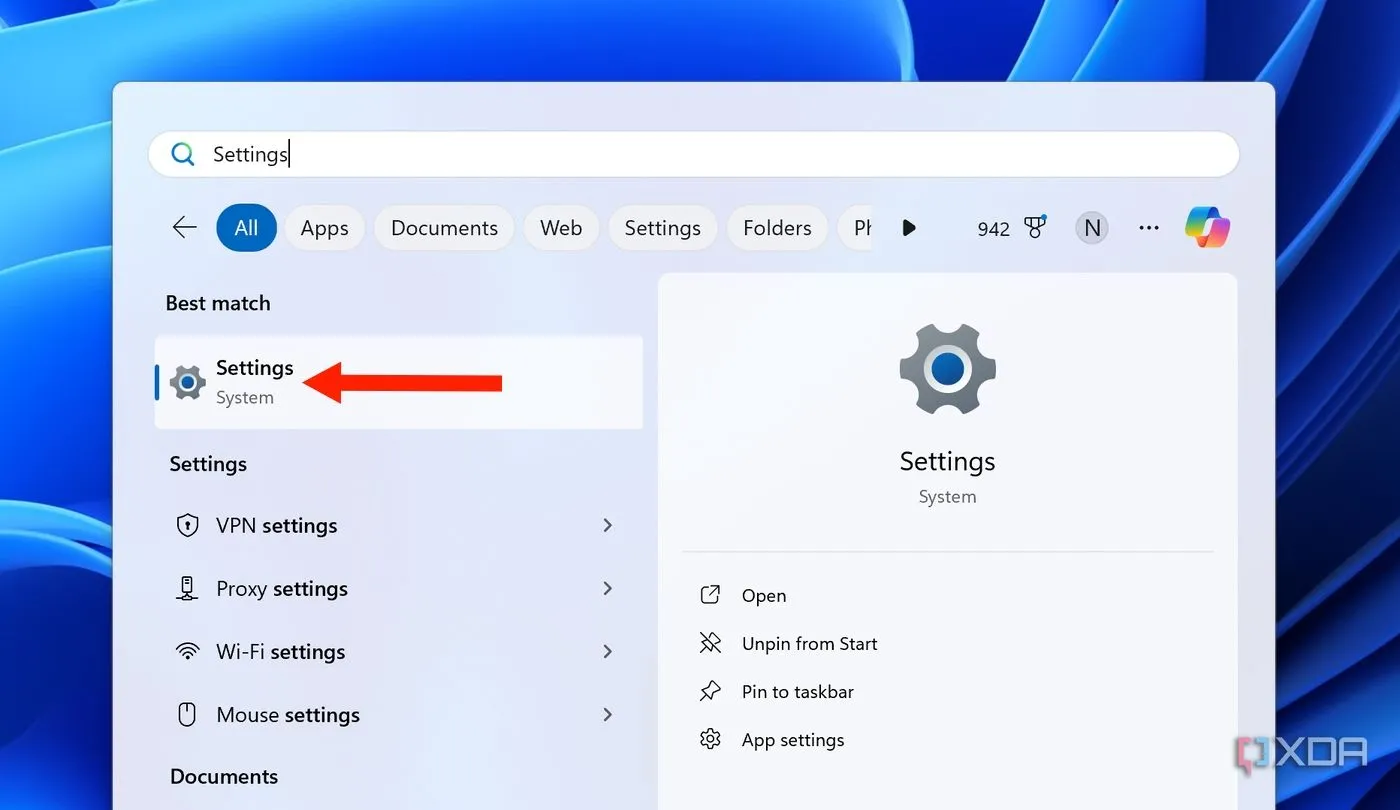 Tìm kiếm và mở ứng dụng Cài đặt (Settings) từ Start menu Windows 11
