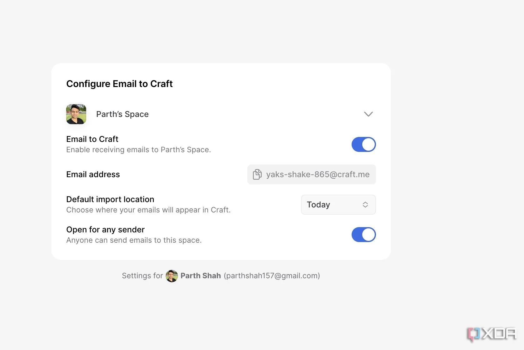 Tính năng tích hợp email giúp chuyển tiếp và lưu trữ tin nhắn quan trọng trực tiếp vào không gian làm việc Craft.