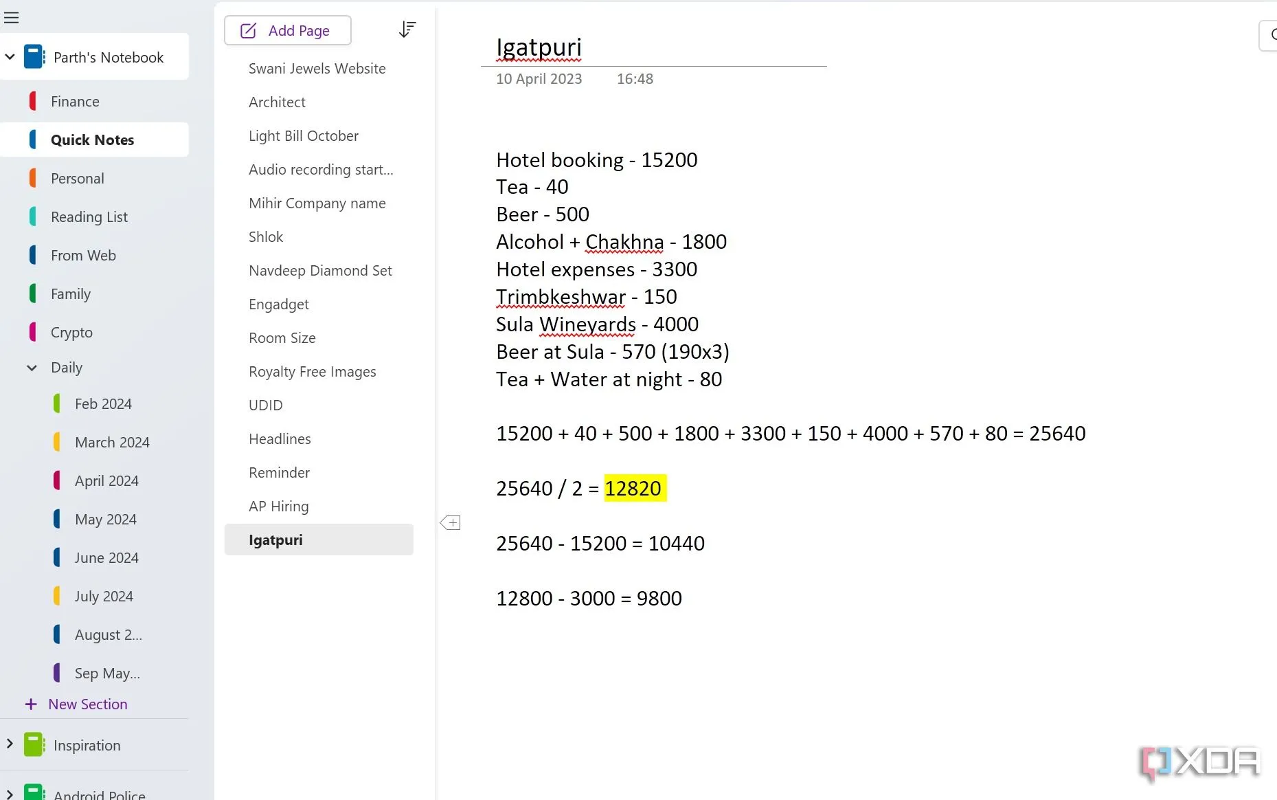 Tính năng tính toán toán học trực tiếp trong OneNote, giúp xử lý các phép tính nhanh chóng
