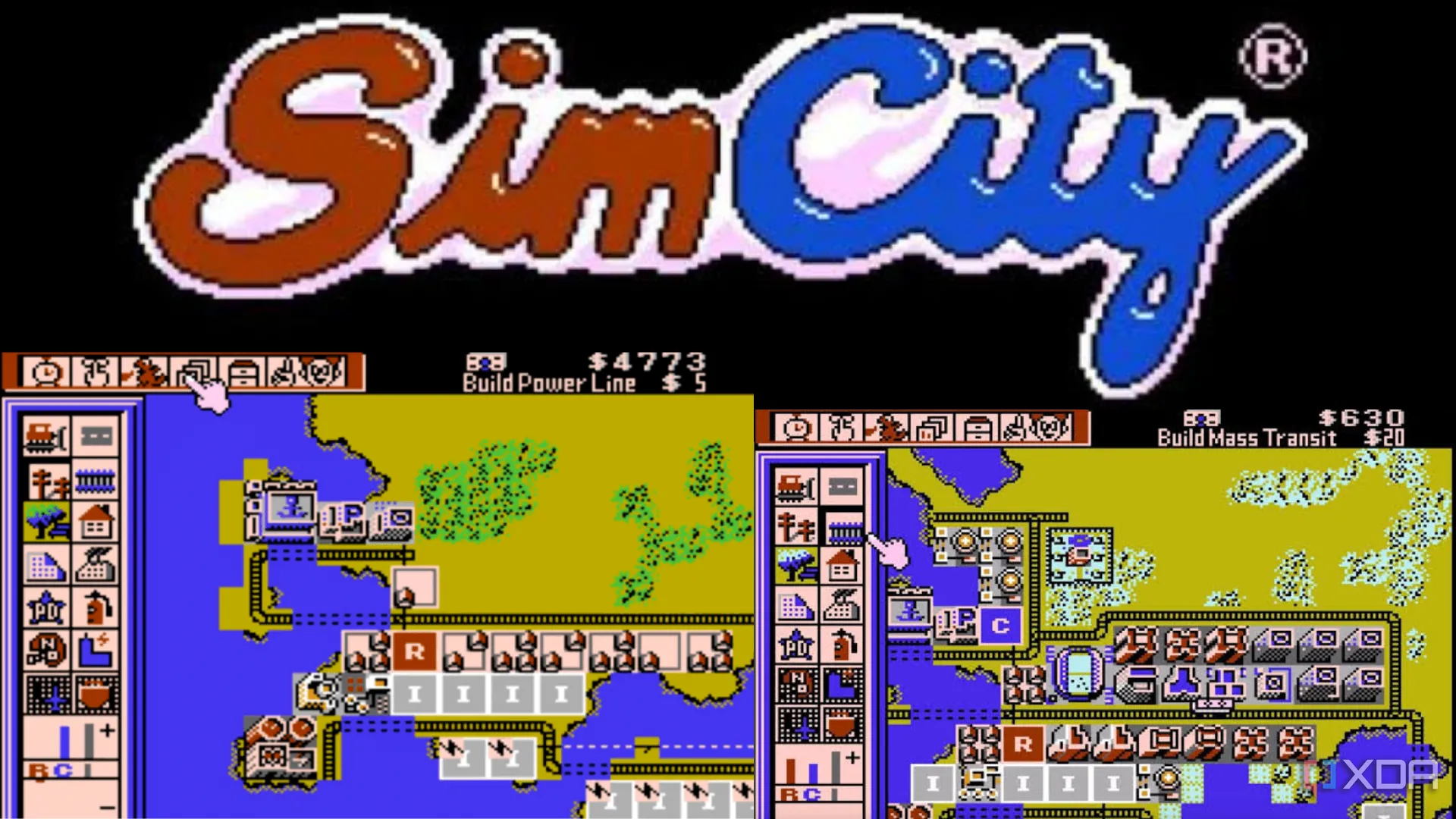 Tổng hợp các ảnh chụp màn hình gameplay của SimCity, biểu tượng của dòng game mô phỏng đô thị và tiền đề cho The Sims.