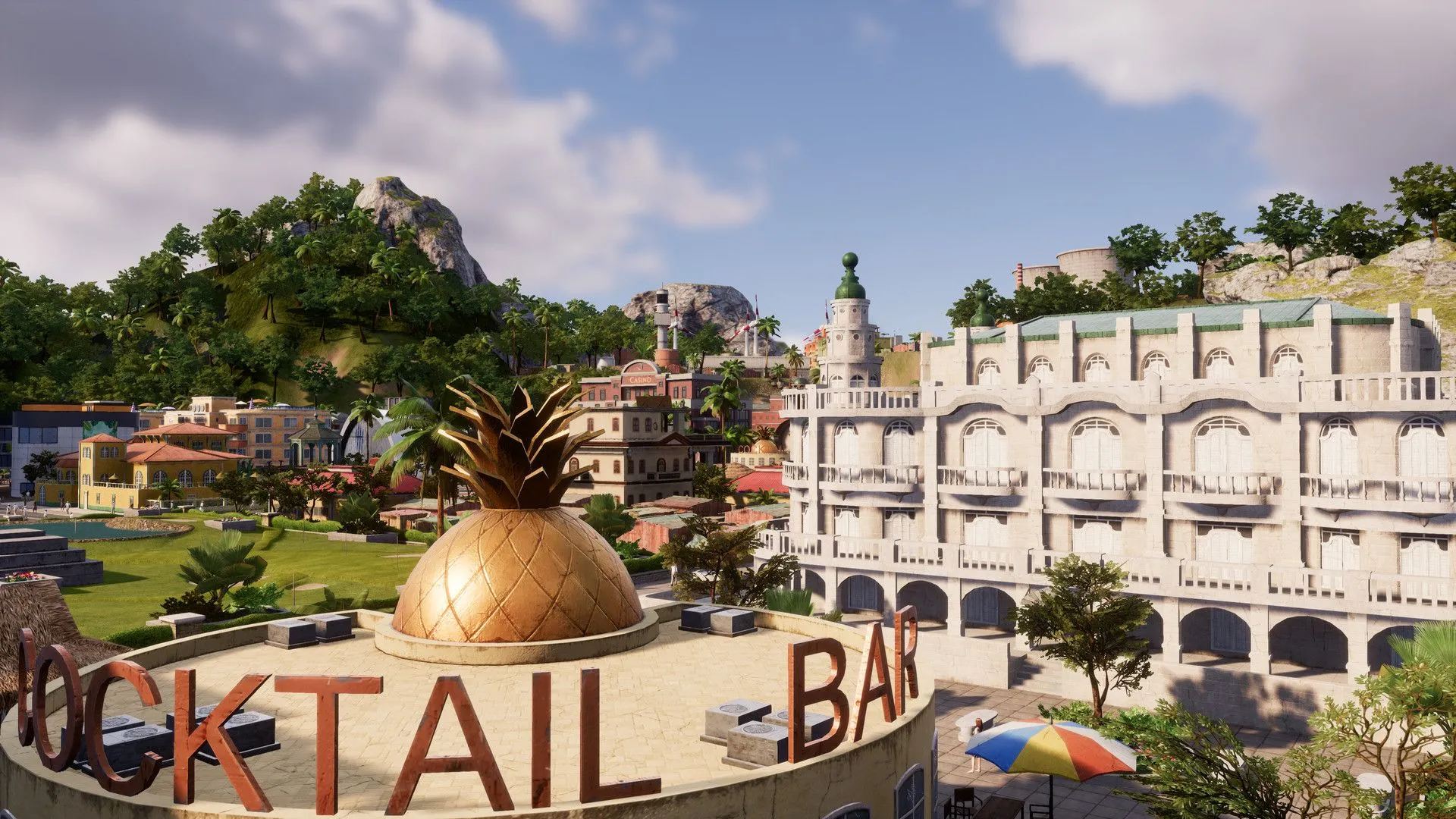 Tổng quan một thành phố lớn trong Tropico 6 với cầu nối các đảo