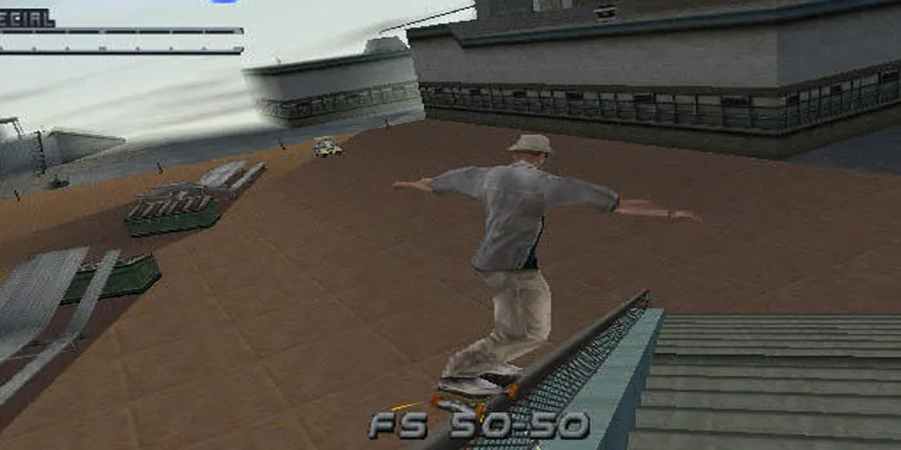 Tony Hawk trượt ván và thực hiện cú grinding trên đường ray trong Tony Hawk's Pro Skater 2