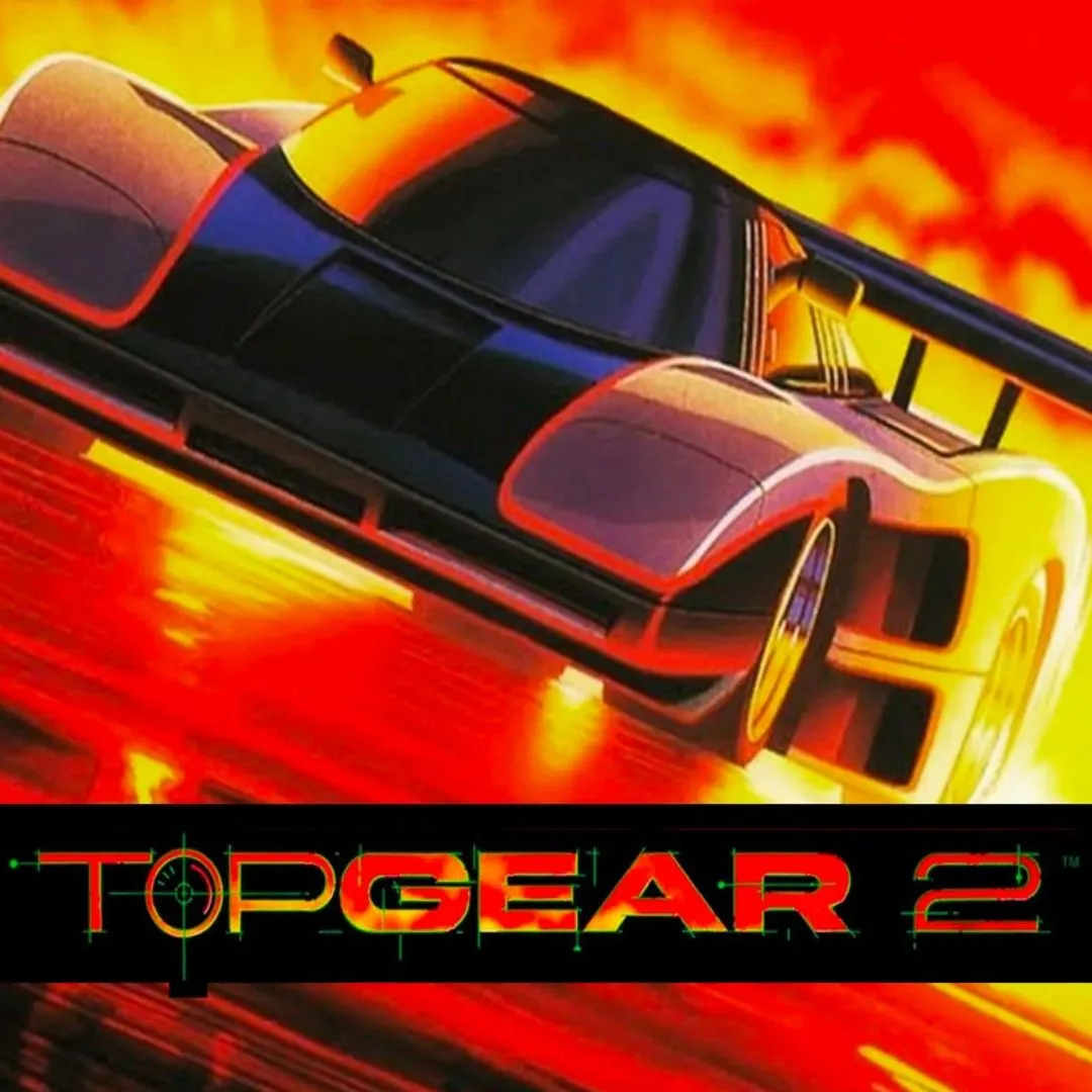 Top Gear 2 SNES: Hình ảnh bìa game hoặc screenshot với xe đua trên đường, thể hiện đồ họa cải tiến và trải nghiệm đua xe nâng cấp từ bản tiền nhiệm.