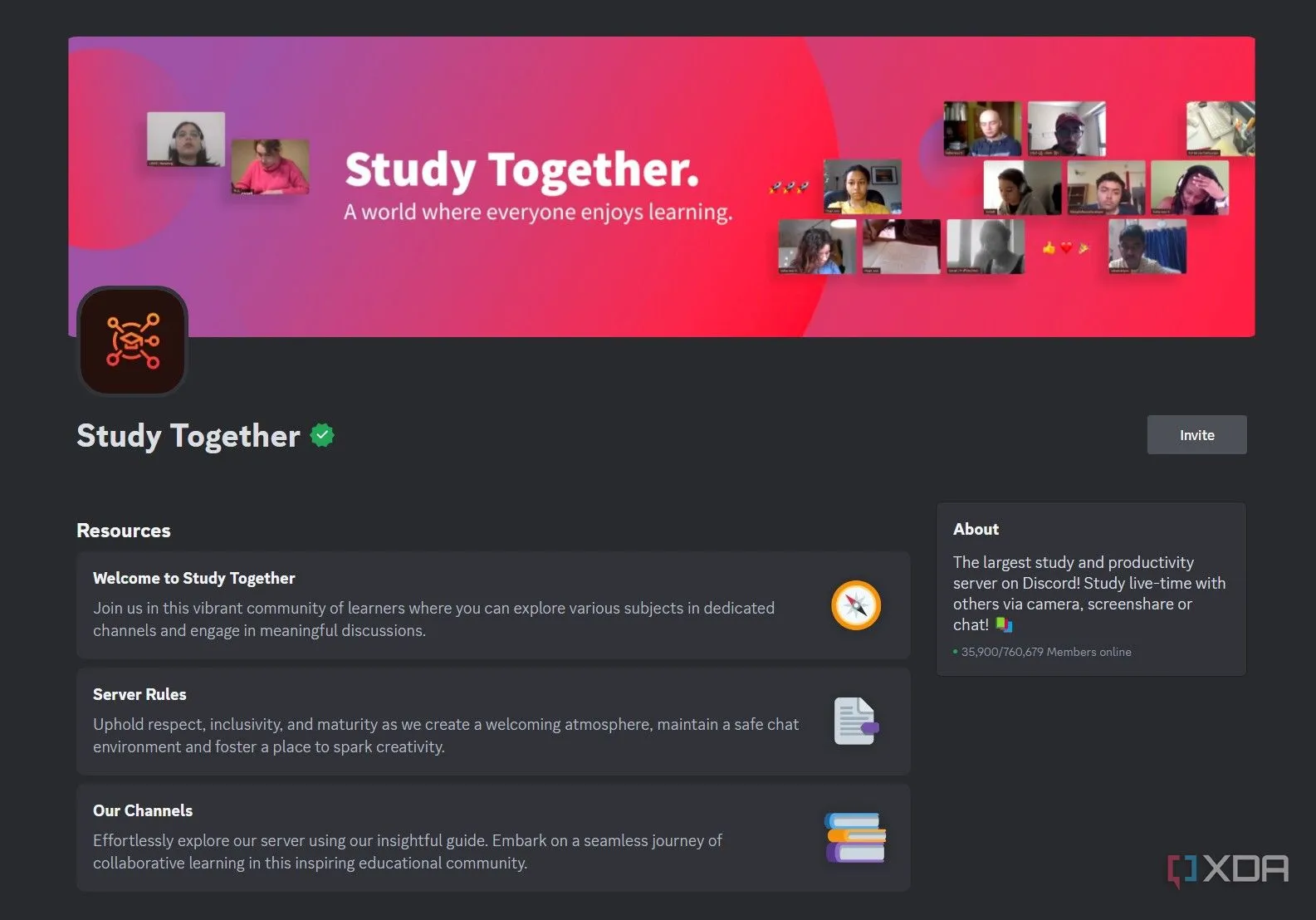 Trang chủ máy chủ Discord &quot;Study Together&quot; hiển thị giao diện các kênh thoại và văn bản, nơi người dùng có thể cùng nhau học tập và làm việc.