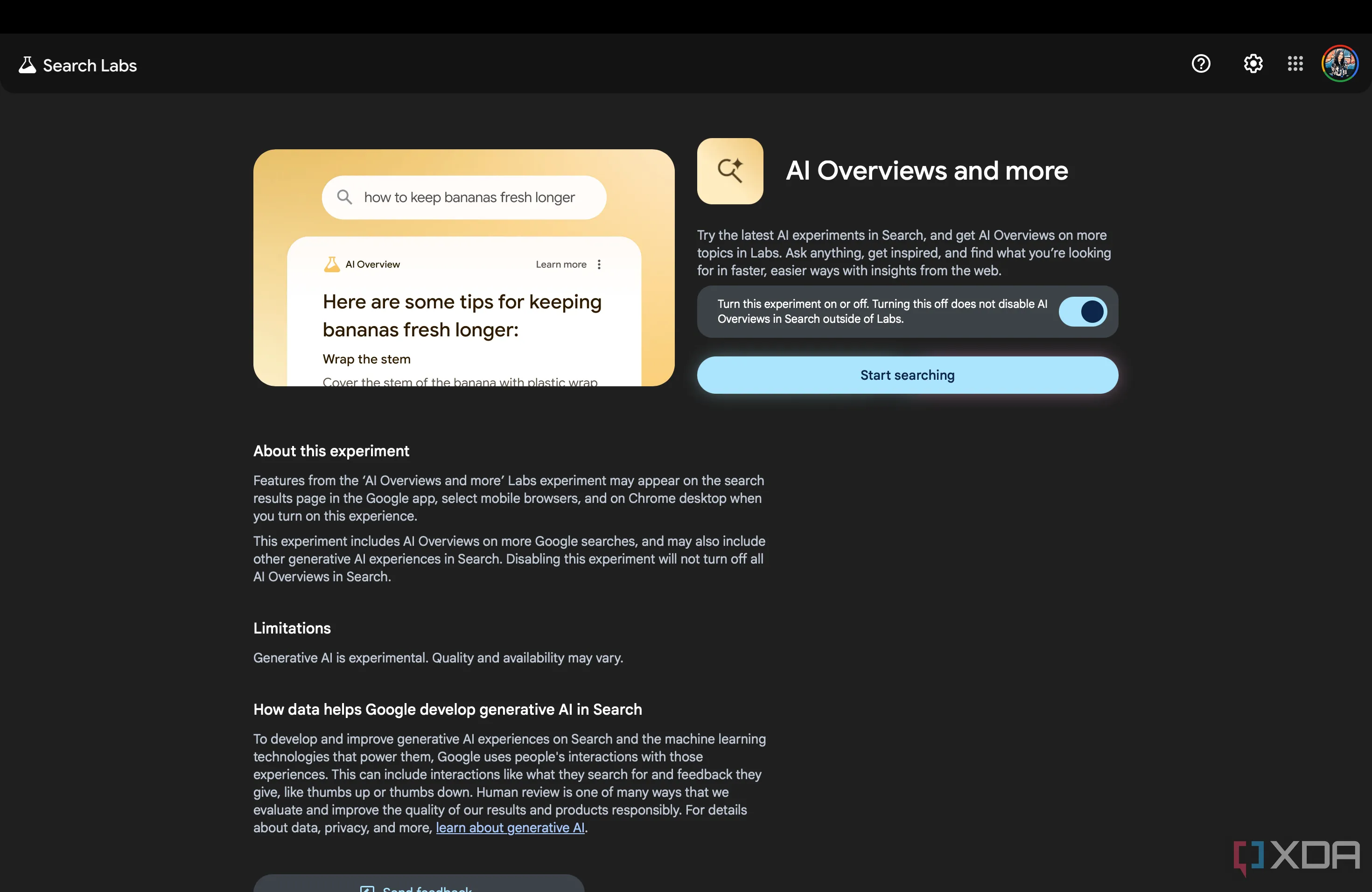 Trang Google Labs hiển thị các tùy chọn bật/tắt thử nghiệm AI Overviews và Audio Overviews