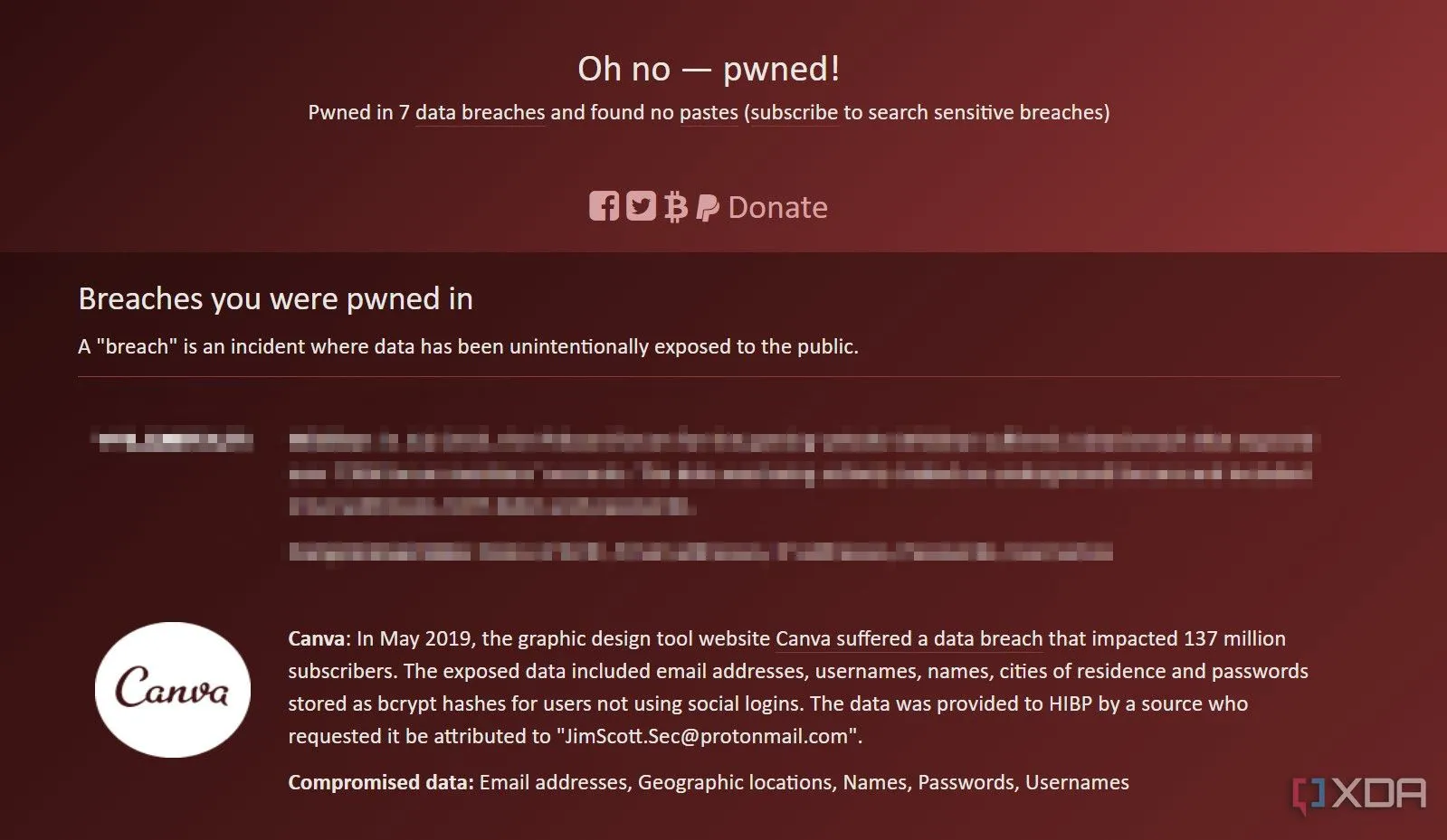 Trang Have I Been Pwned liệt kê sự cố rò rỉ dữ liệu của Canva vào năm 2019, nhấn mạnh rủi ro bảo mật của ứng dụng web