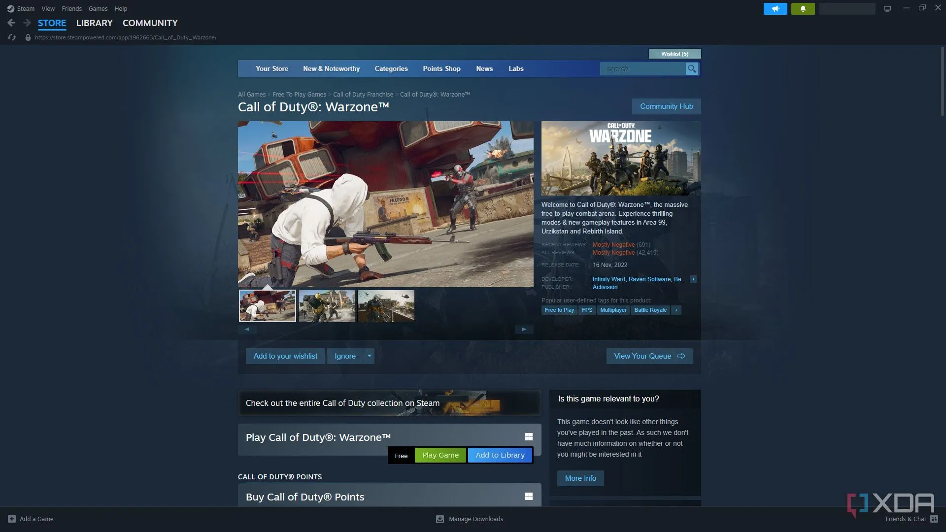 Trang Steam của Call of Duty: Warzone, minh họa cho việc sao lưu và khôi phục các tựa game AAA dung lượng lớn