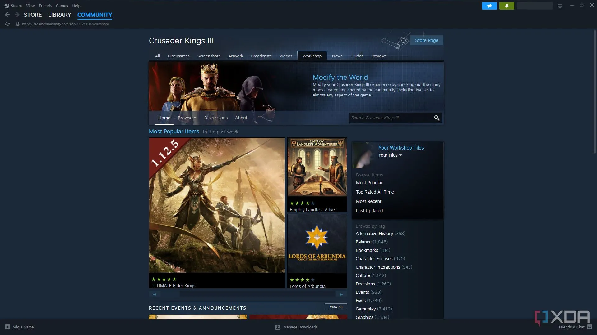 Trang Steam Workshop của Crusader Kings 3, nơi game thủ tìm kiếm và cài đặt các bản mod dễ dàng