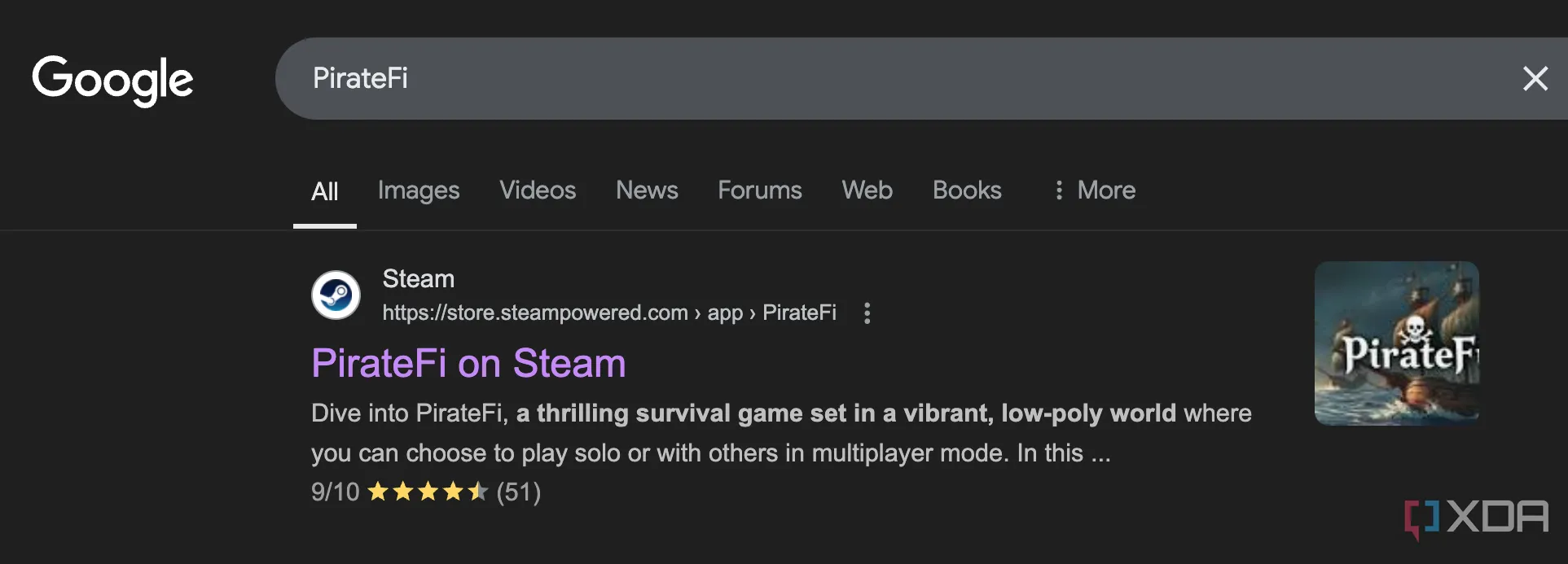 Trang tìm kiếm Google hiển thị game PirateFi đã bị gỡ khỏi Steam