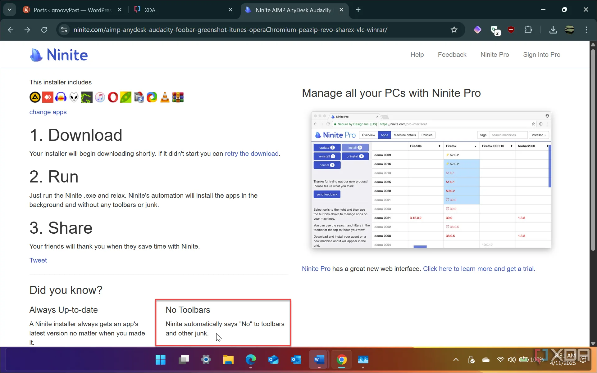 Trang web Ninite nhấn mạnh &quot;No Toolbars. No Crapware. Just the apps you want.&quot; trên trình duyệt Chrome