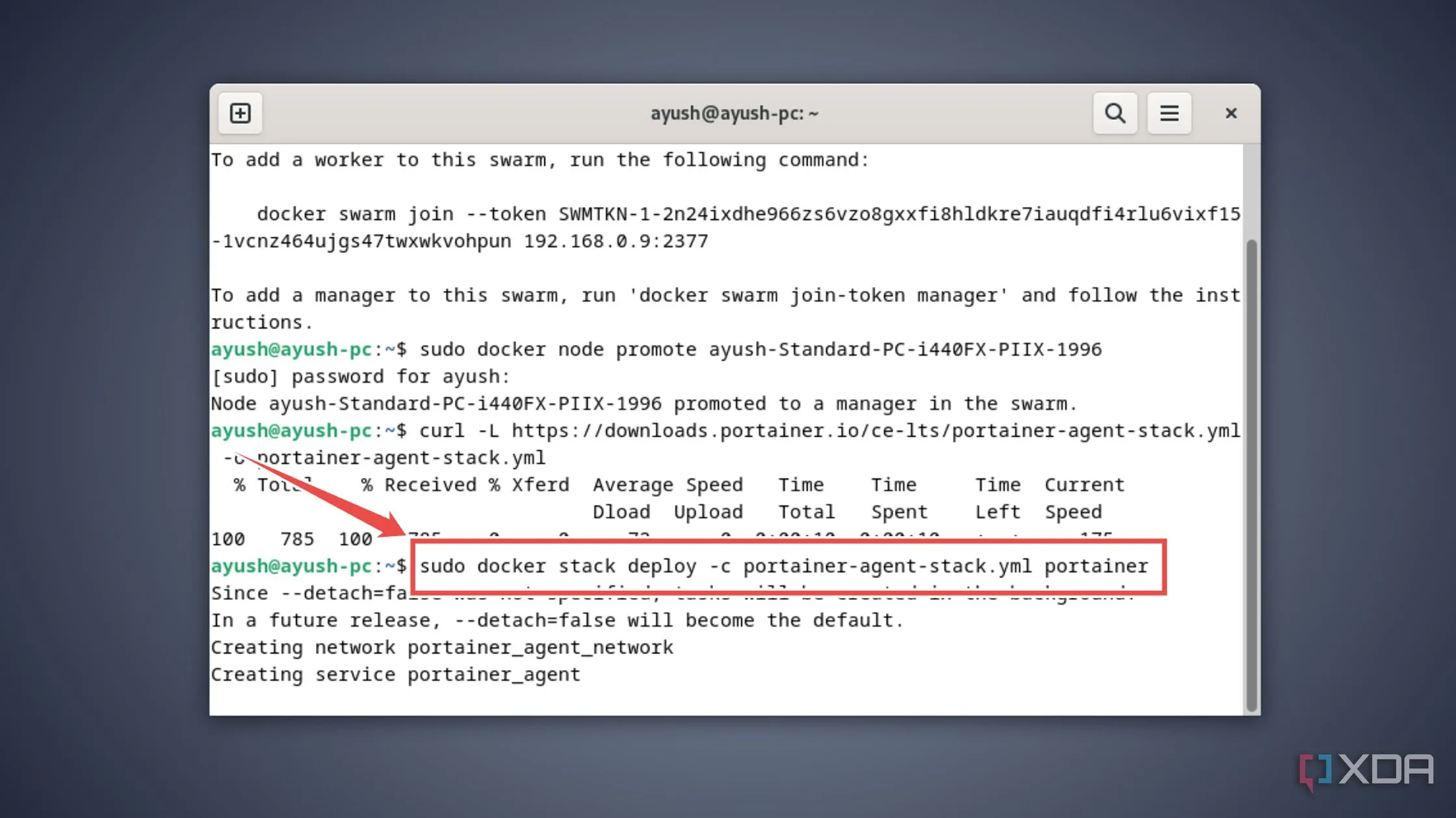 Triển khai Portainer lên môi trường Docker Swarm bằng lệnh docker stack deploy.