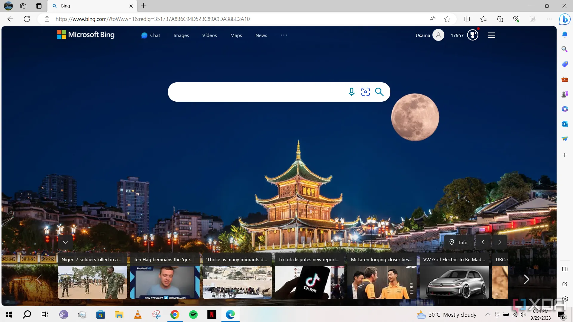 Trình duyệt Microsoft Edge đang mở trang tìm kiếm Bing, thể hiện sự tích hợp giữa hai dịch vụ của Microsoft
