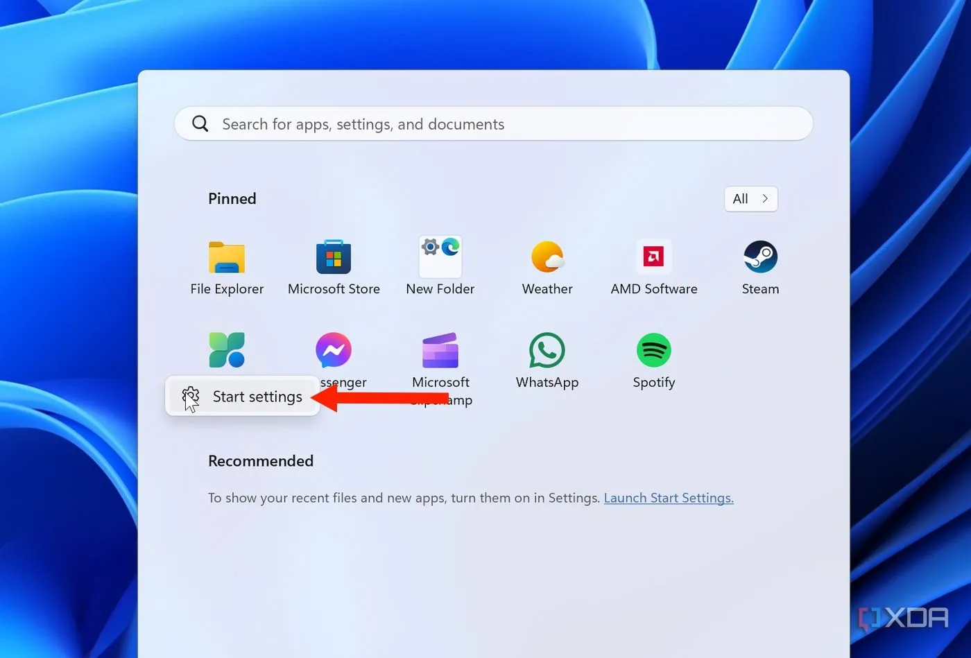 Truy cập cài đặt Start menu Windows 11 nhanh chóng bằng cách nhấp chuột phải vào không gian trống