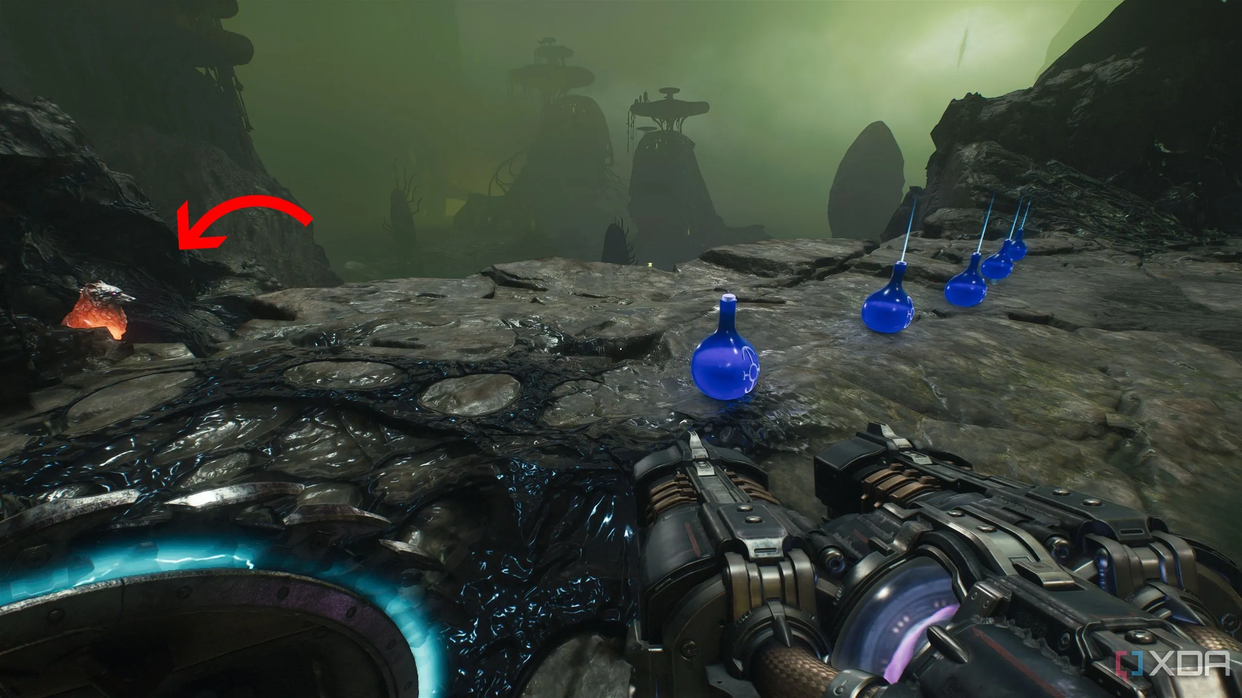 Tượng sói 4 ló ra từ phía sau một hàng lọ máu trên vách đá trong Chương 16 của Doom: The Dark Ages