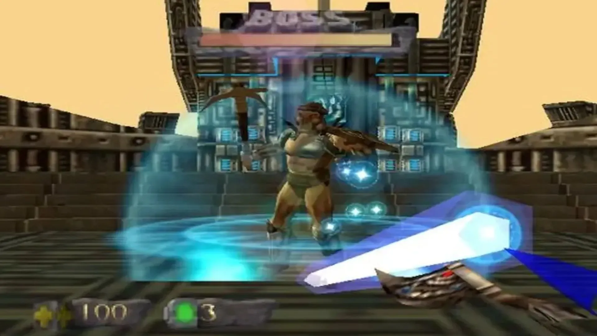 Turok đang sử dụng Chronoscepter trong Turok: Dinosaur Hunter, một vũ khí cổ đại mạnh mẽ có khả năng tạo ra vết rách thời gian và gây sát thương khủng khiếp.