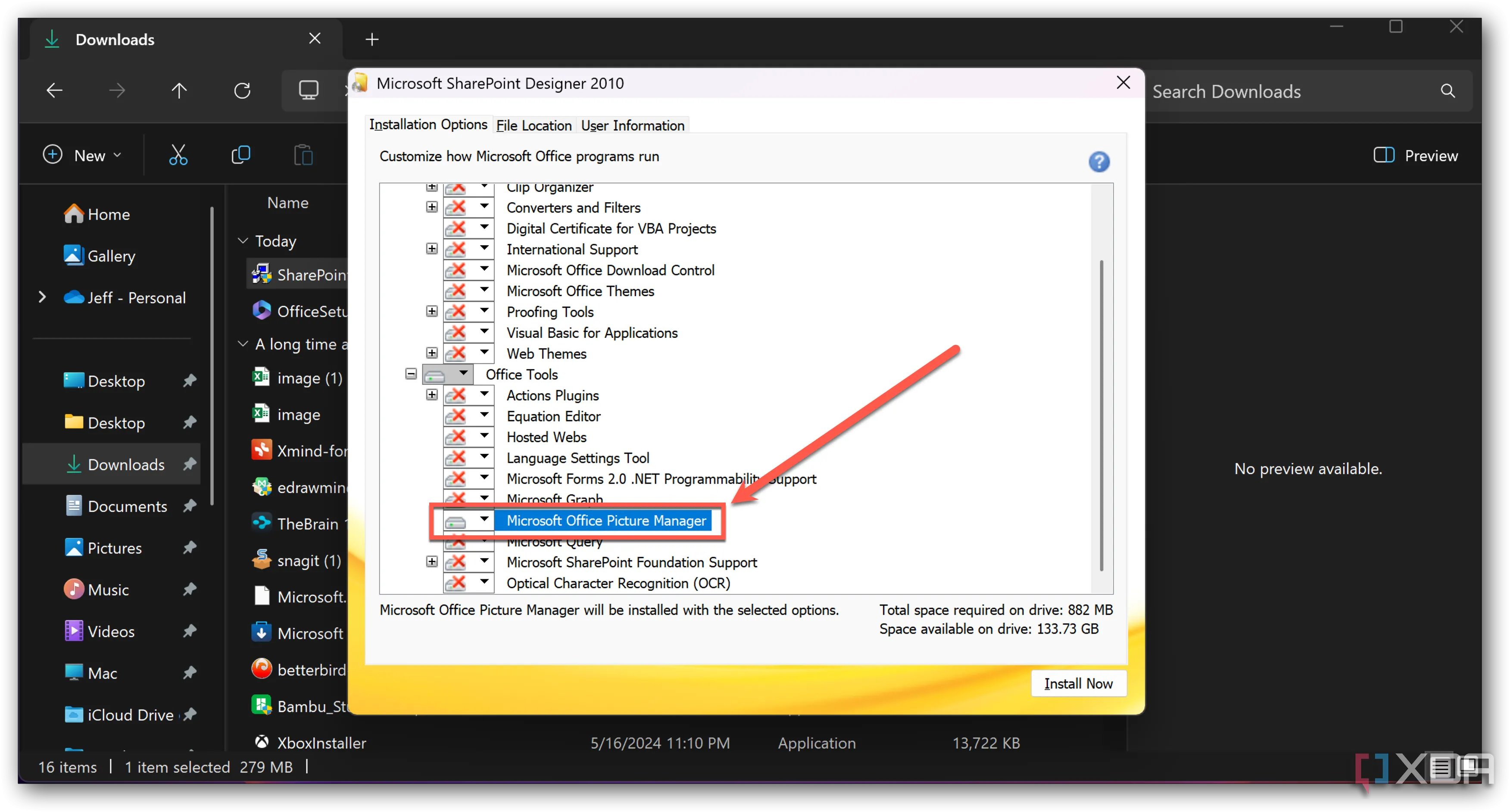 Tùy chọn cài đặt Microsoft Office Picture Manager dưới mục Office Tools, hiển thị trạng thái &quot;Run from My Computer&quot;